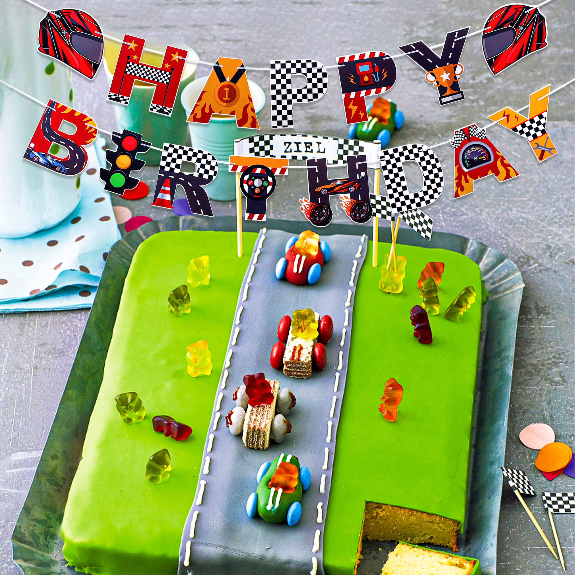 5-Piece Race Car Party Banner Set - Happy Birthday Checkered Flag Pennants, Car Theme Garlands & Photo Props for Birthday Decorations, Baby Shower Wall Decor | Perfect for Kids' Birthday Parties, Themed Events & Photo Booths