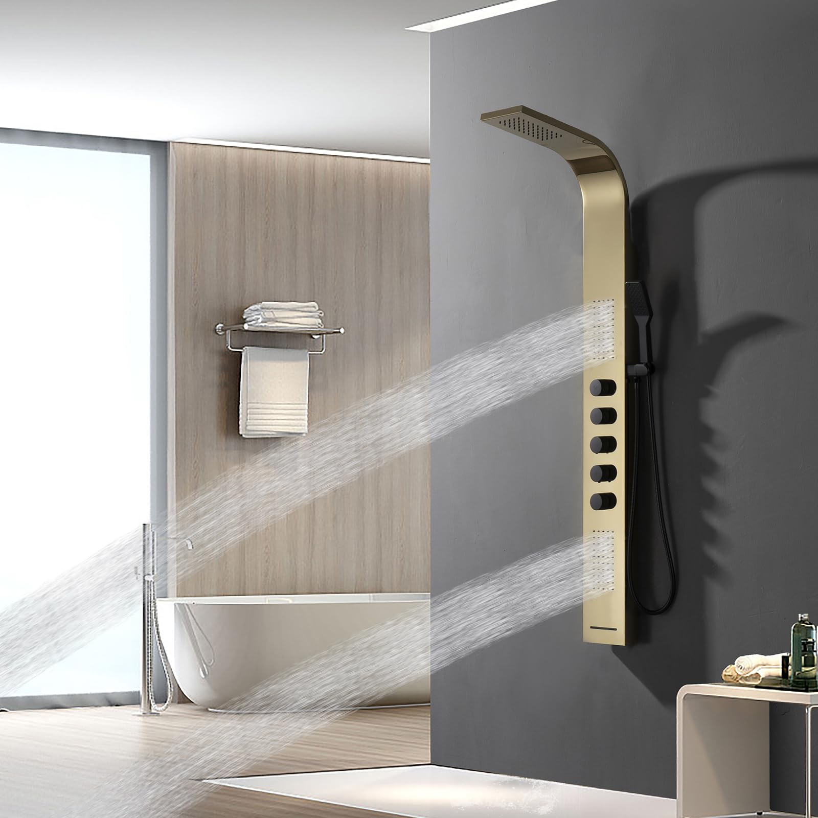 Polished Gold Multifunction Shower Panel System with Rainfall Showerhead & Handheld Shower - Stainless Steel Wall Mounted Bath Panel for Luxurious Spa Experience at Home