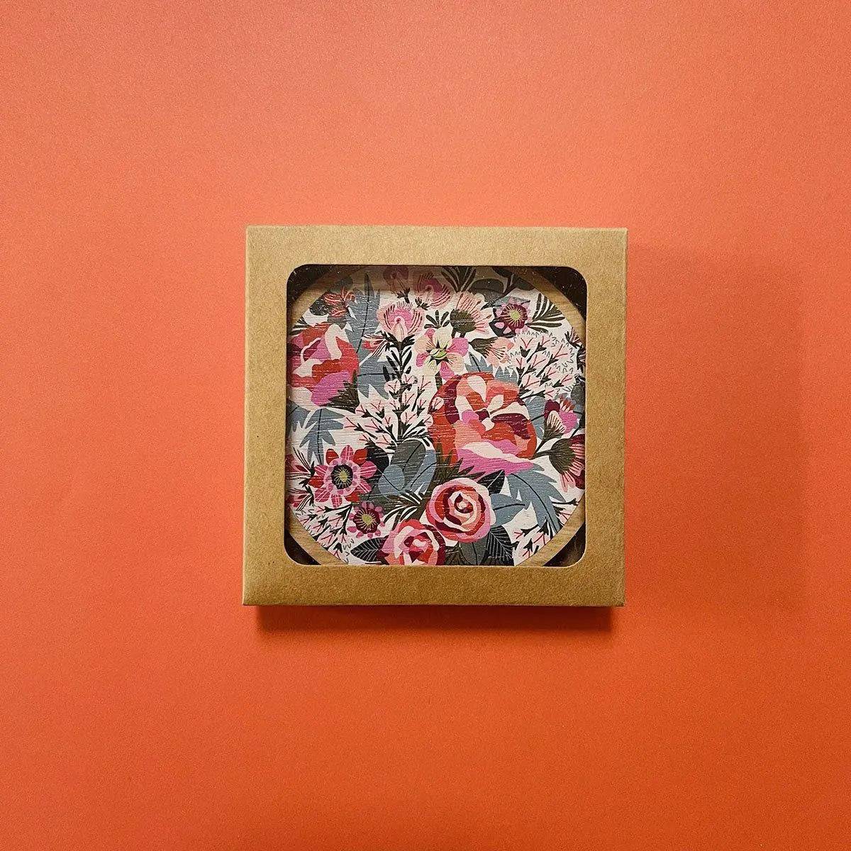 Peony Blooms Australian Wooden Coaster Set - 4-Piece Natural Wood Drink Coasters for Hot & Cold Beverages - Perfect for Home, Office, and Party Decor