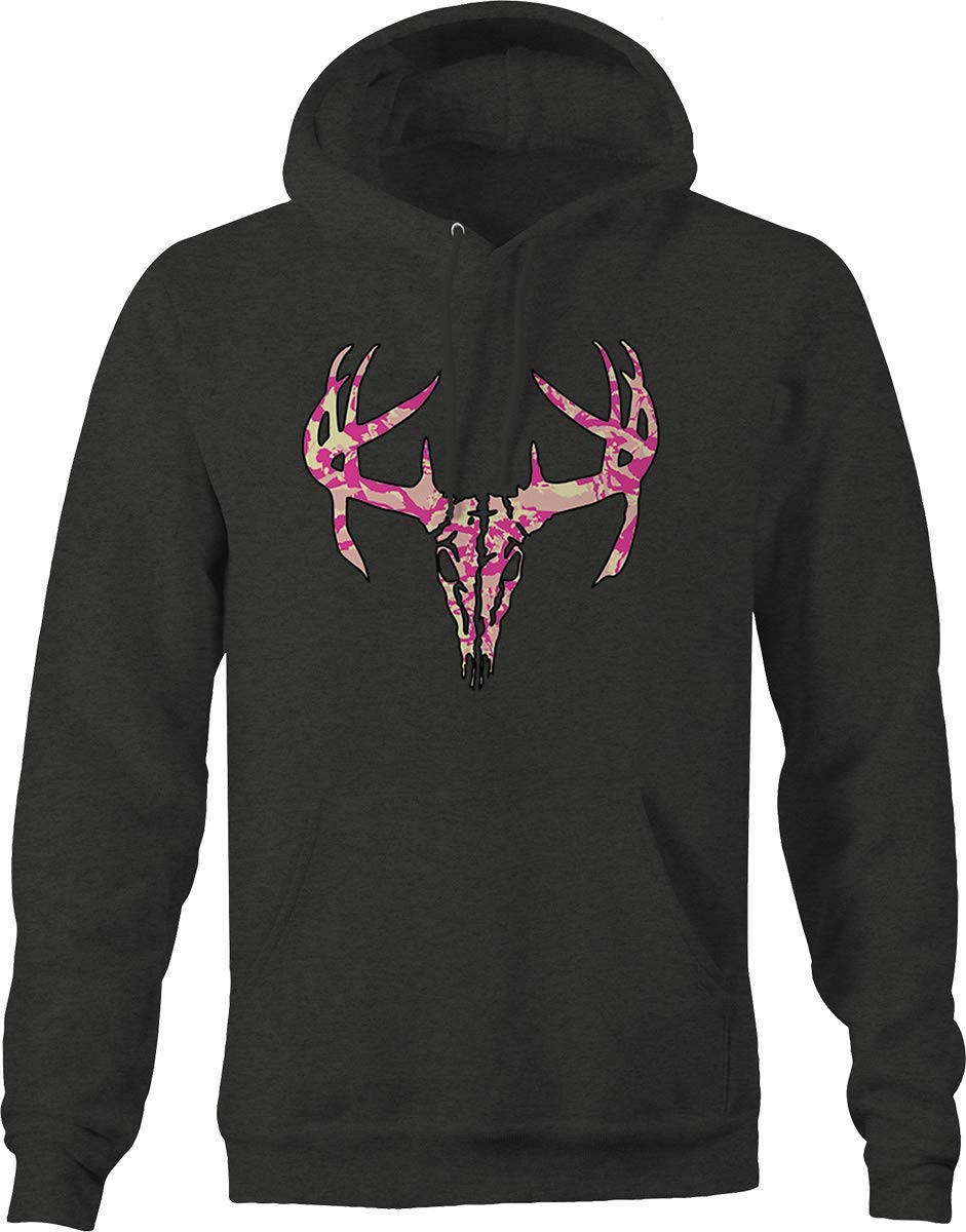 Men's Camo Pink Deer Skull Graphic Hoodie - Bold Imprints Gray Pullover for Hunting & Outdoor Activities