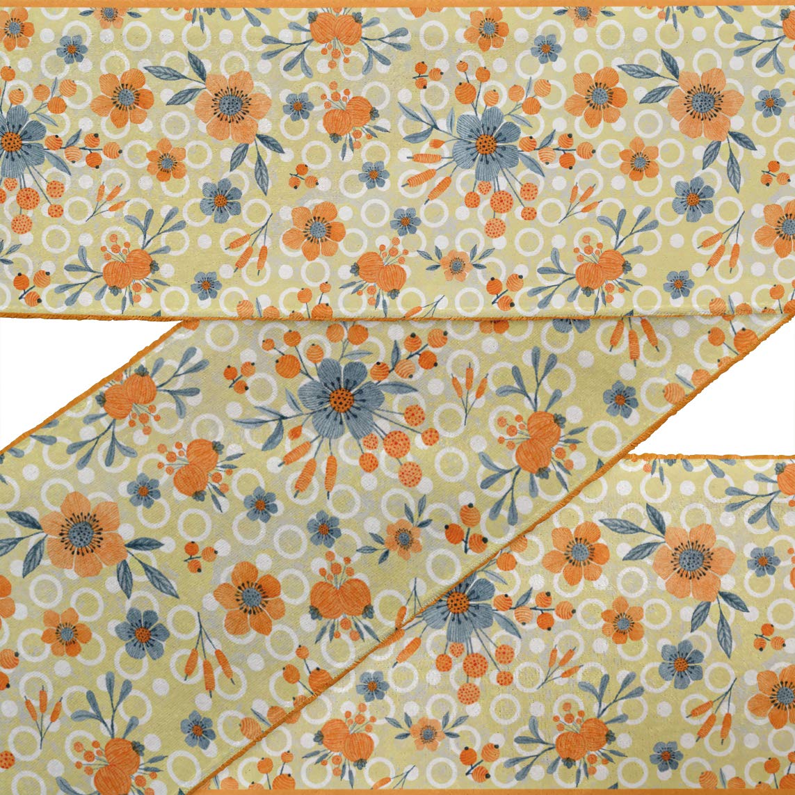 Orange Circle Berries & Primula Stripe Floral Printed Velvet Ribbon Trim - 9 Yards x 4 Inches Wide - Premium Craft Lace for Sewing, DIY Projects, Gift Wrapping, Hair Bows and Home Decor Accessories