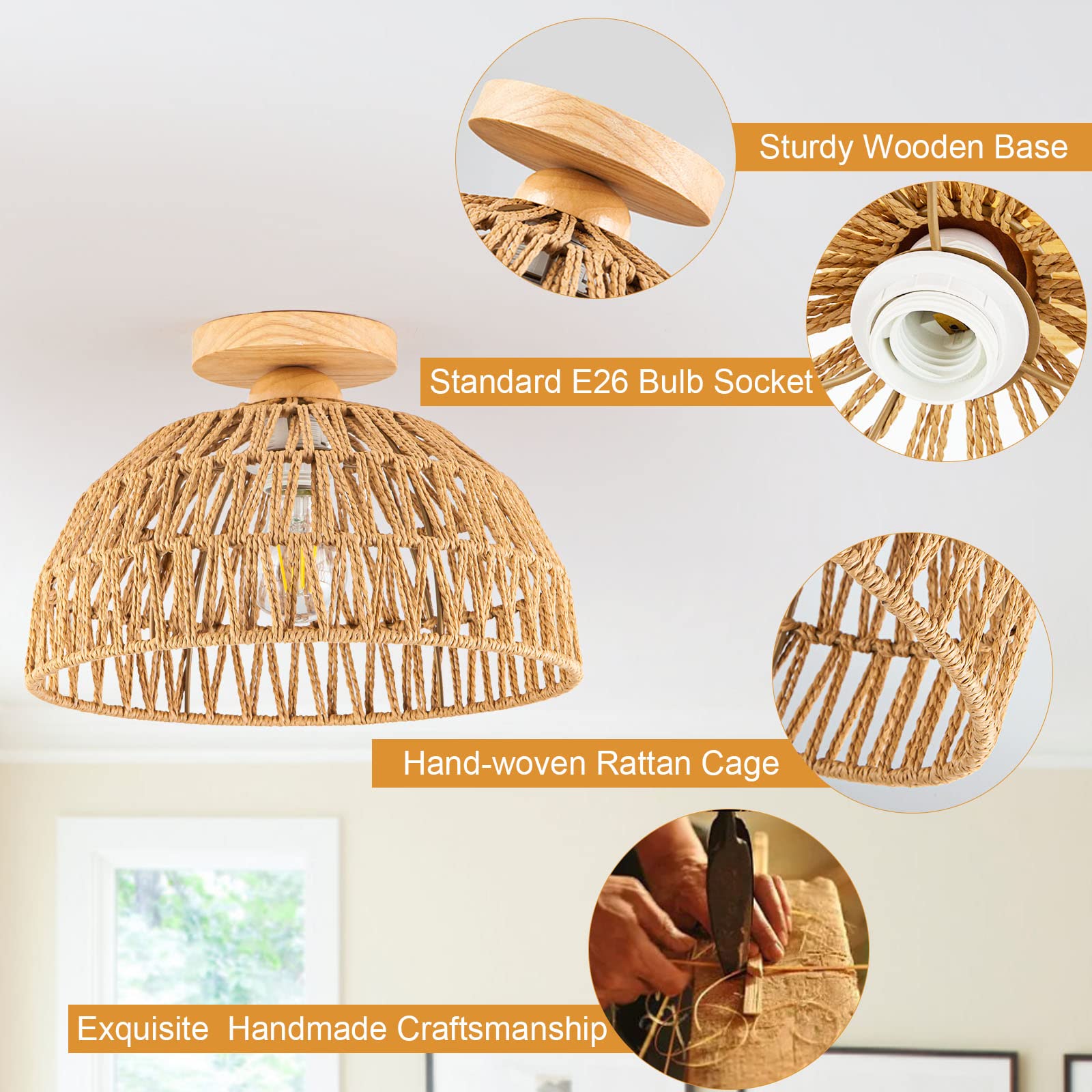 Boho Rattan Ceiling Light Fixture - Hand-Woven Flush Mount Chandelier with Wooden Base - Natural Woven Lamp Shade for Hallway, Bedroom, Kitchen & Nursery - Perfect for Boho, Farmhouse & Coastal Home Decor