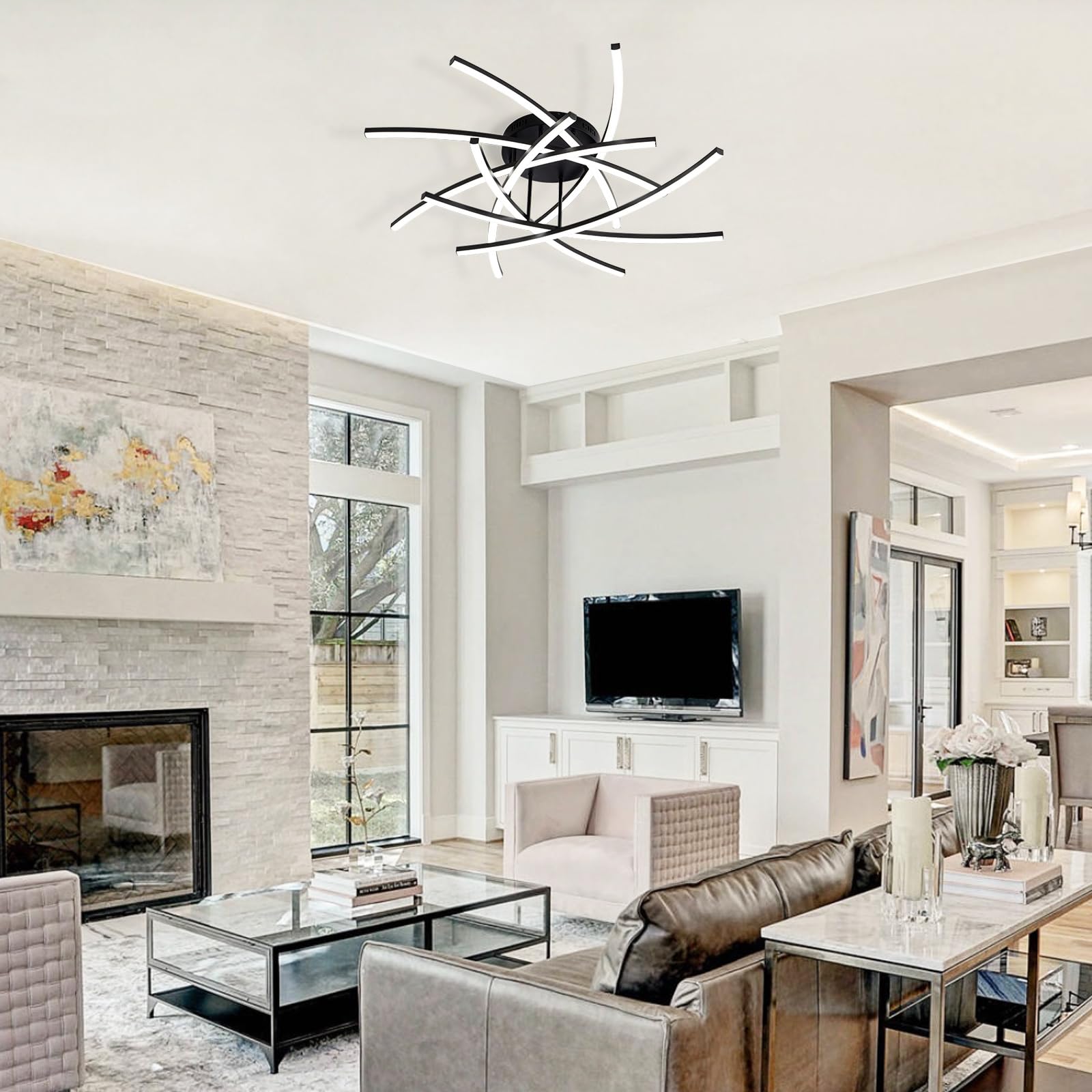 Modern Sputnik LED Ceiling Light Fixture 37 Inch - Dimmable Flush Mount with Remote Control - Energy Saving Chandelier for Living Room, Dining Room, Kitchen, Bedroom - Perfect for Home Decor & Ambient Lighting