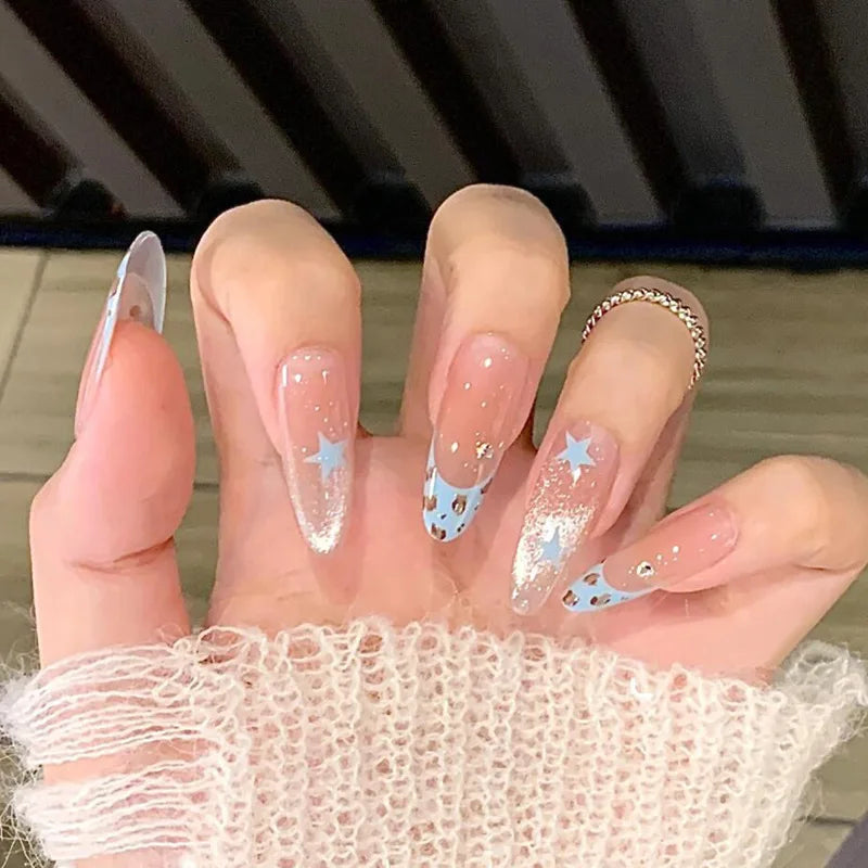 24Pcs Long Press on Nails with Gradient & Butterfly Rhinestone Design - Full Cover Detachable Fake Nails for Women - Oval Shaped Fashion Nail Tips for Parties, Weddings & Special Occasions