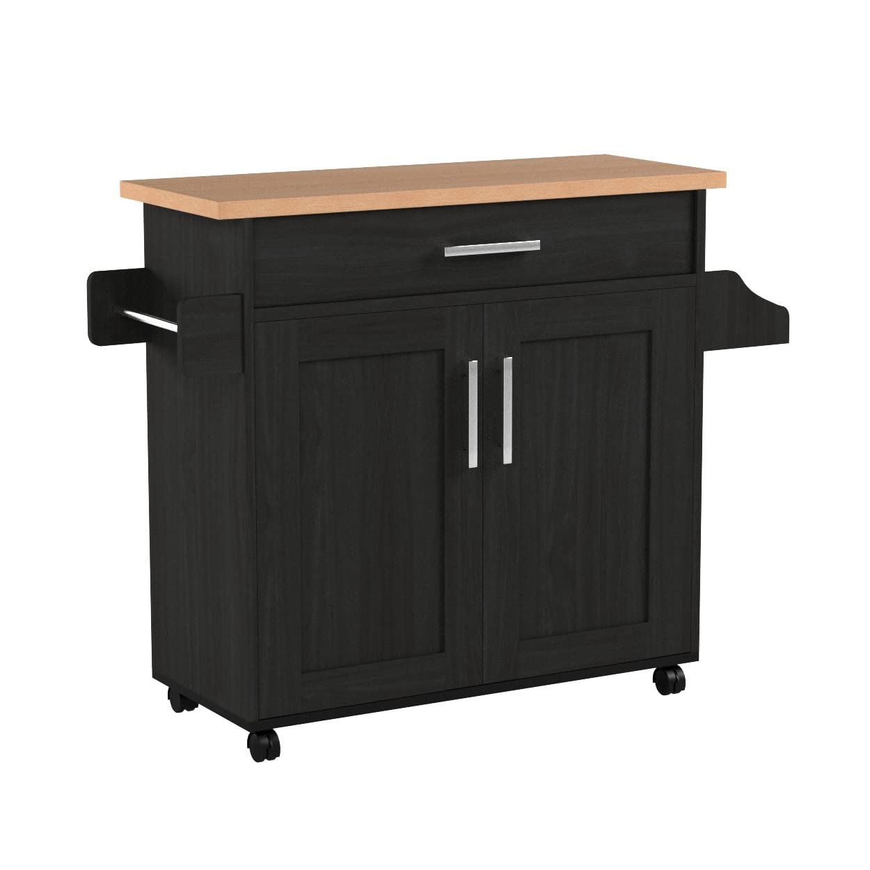 Hodedah Black Kitchen Island with Spice Rack, Towel Rack & Drawer - Beech Wood Countertop for Small Kitchen, Dining Room or Pantry Organization