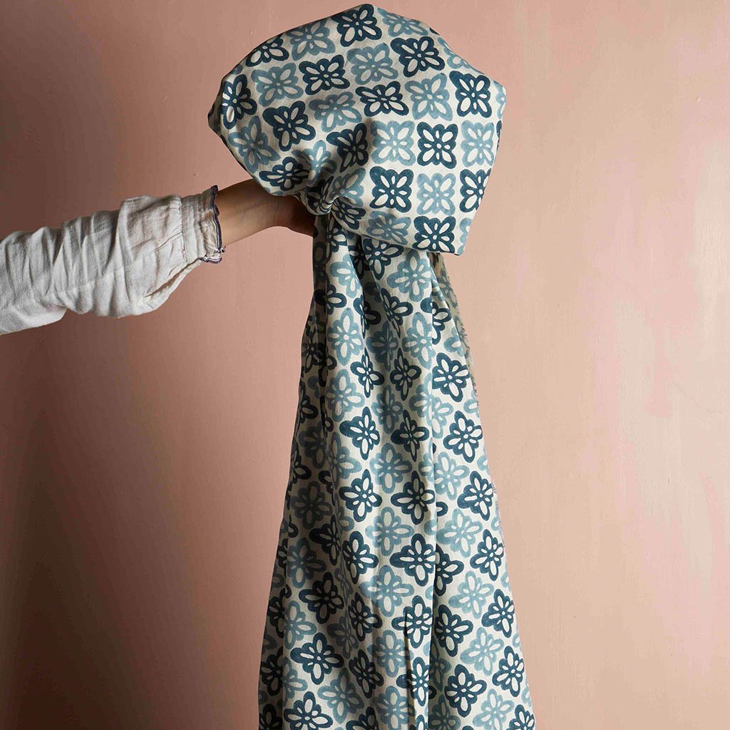 Pattee Block Printed Linen Fabric - Premium Blue Cotton Linen Blend for Home Decor, DIY Crafts & Upholstery Projects