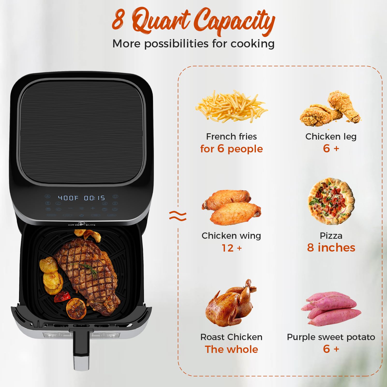 **Kitchen Elite® 8QT Air Fryer with 360° Turbo Airflow Technology – 8 Preset Functions, Nonstick Square Basket with Window, Probe Thermometer & Auto Shut Off – Perfect for Family Meals, Healthy Cooking & Quick Snacks**    *(Optimized for Google SEO, includes key features, and highlights usage scenarios like family meals, healthy cooking, and quick snacks.)*