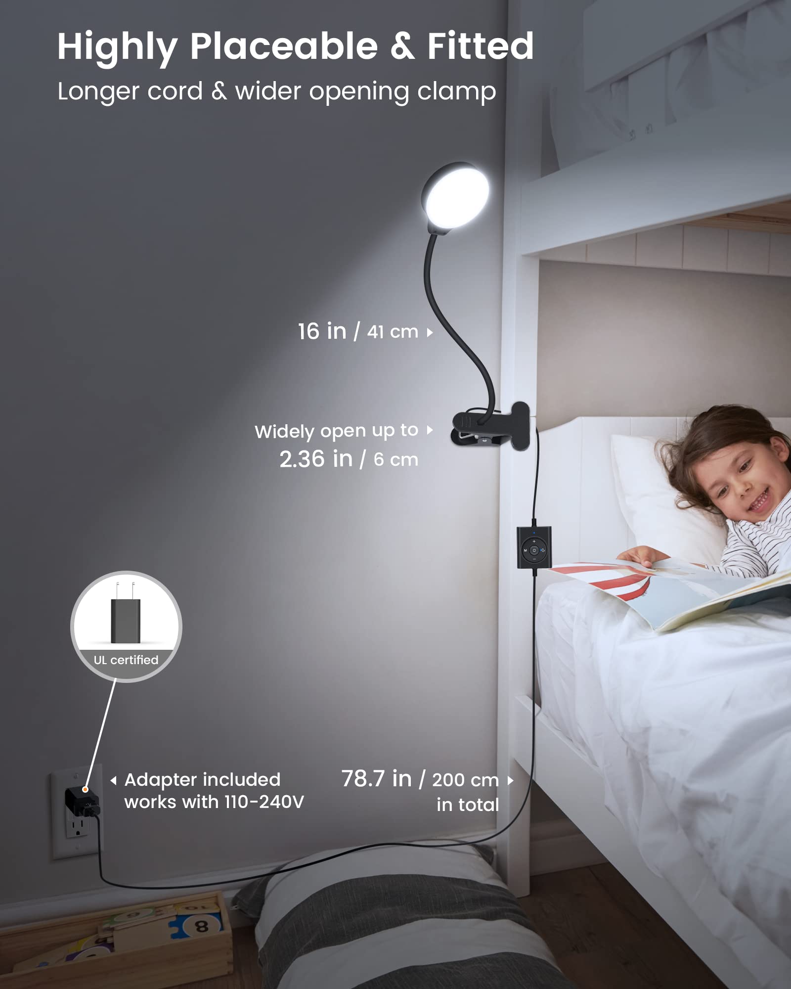 Glocusent 5W Clip-On Reading Light with 36 LED Eye-Caring Bulbs - 3 Color Modes & 5 Brightness Levels - Adjustable Clamp Light for Bed, Bunk Bed, Headboard, Desk - Perfect for Night Reading, Studying, and Working in Low Light