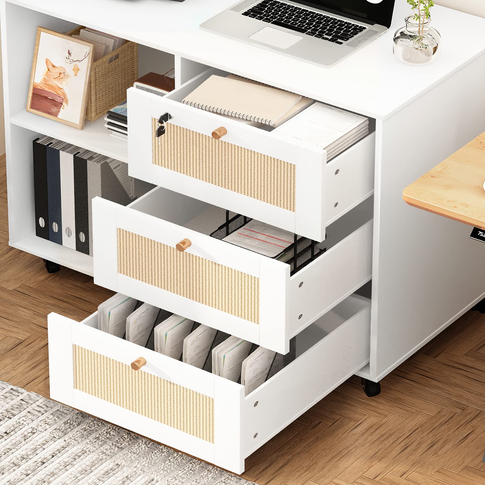 AWQM 3-Drawer Wooden Filing Cabinet with Lock - Office Storage Cabinet, Printer Stand with Open Shelves, Rattan Mobile File Organizer for Home & Office, White - Perfect for Document Storage, Printer Organization & Home Office Decor