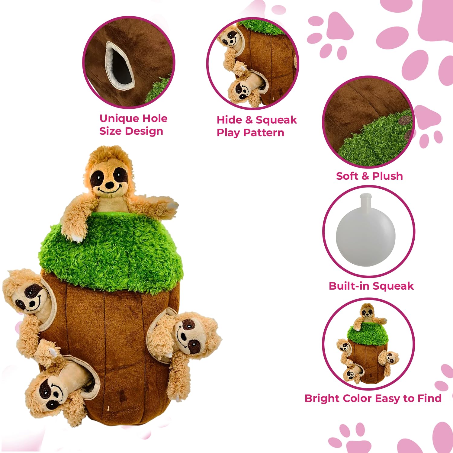 Interactive Plush Sloth Hide and Seek Dog Toy with Squeaker - Fun Burrow Game for Small & Medium Dogs | Tree Trunk Design with Hidden Sloth | Perfect for Indoor Play, Training & Bonding Time