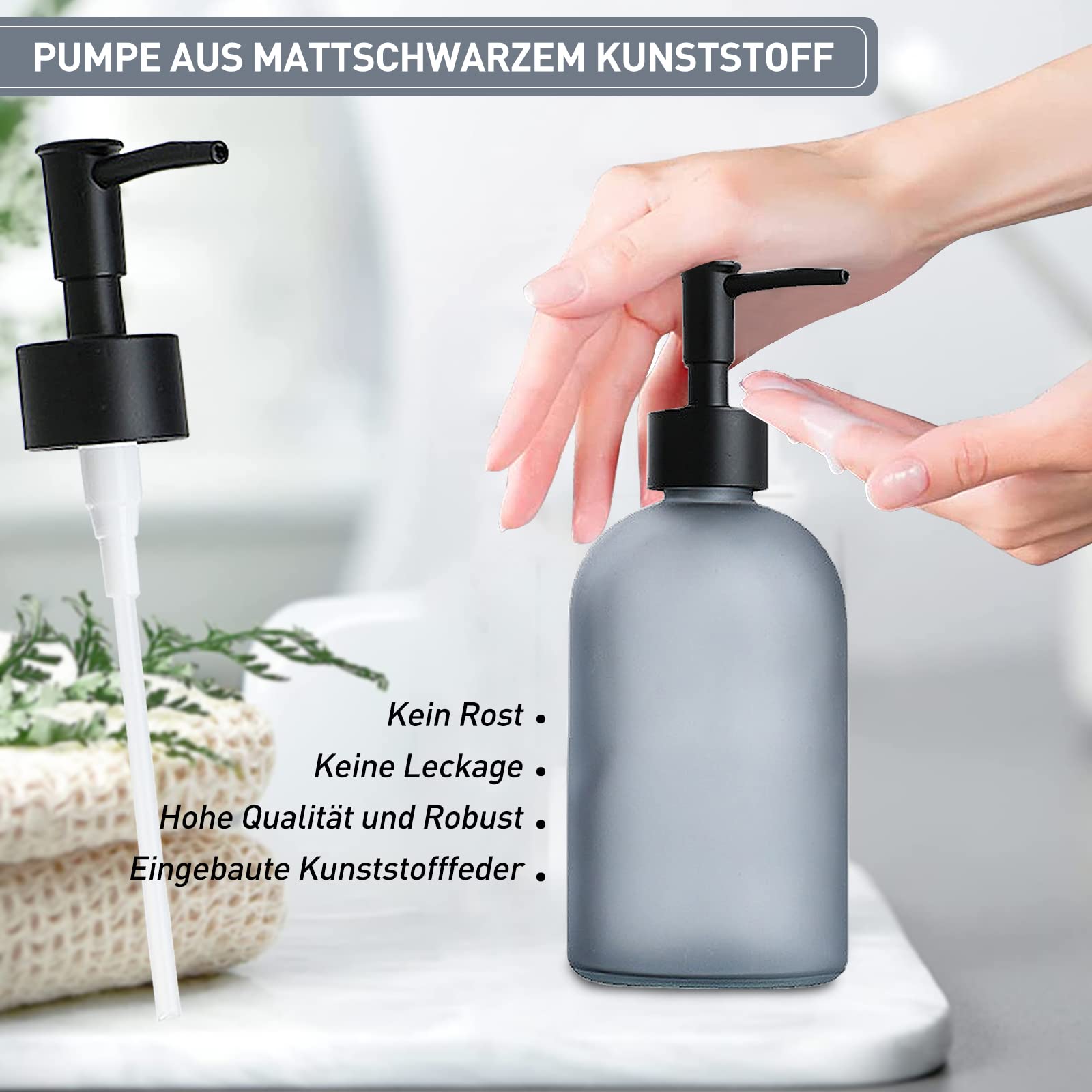 2-Pack Frosted Grey Glass Soap Dispenser - 14oz Refillable Bathroom Soap Dispenser for Hand Soap, Dish Soap & Essential Oils | Elegant Countertop Decor for Kitchen, Bathroom & Vanity