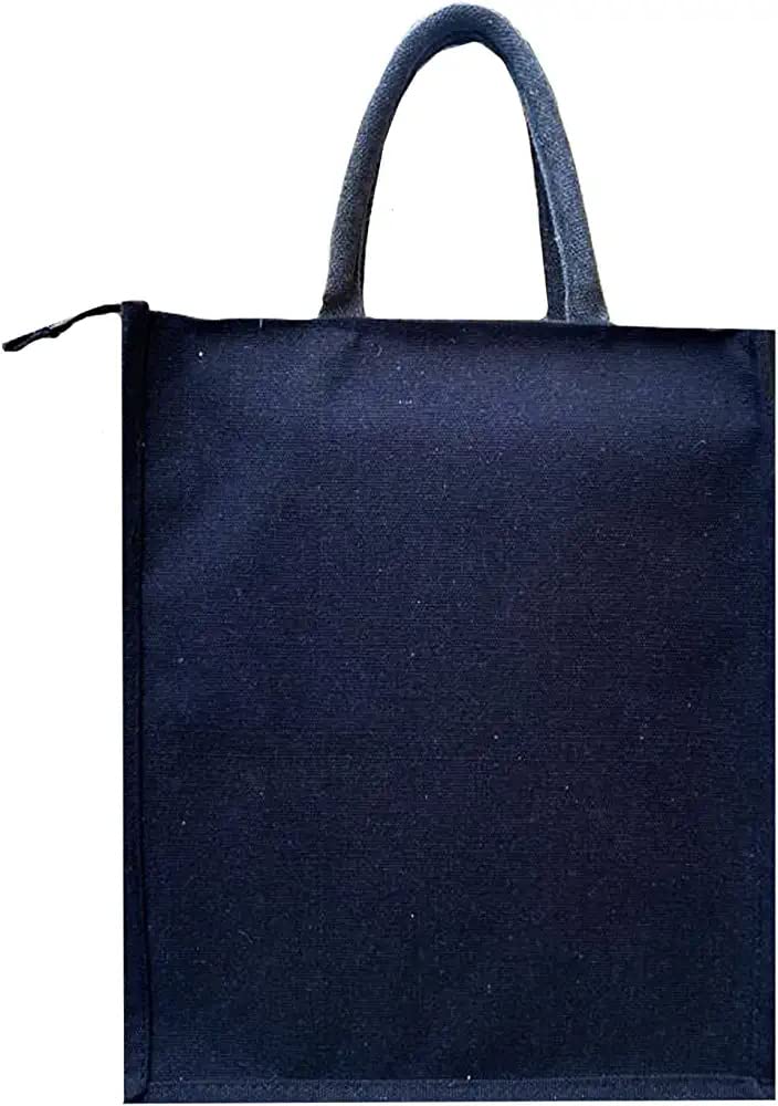 Eco-Friendly Jute Tote Bag with Zipper - Multipurpose Grocery/Shopping/Tiffin Bag for Men & Women - Trendy Flower Print Handbag (Black) | Perfect for Farmers Markets, Beach Trips & Sustainable Lifestyle
