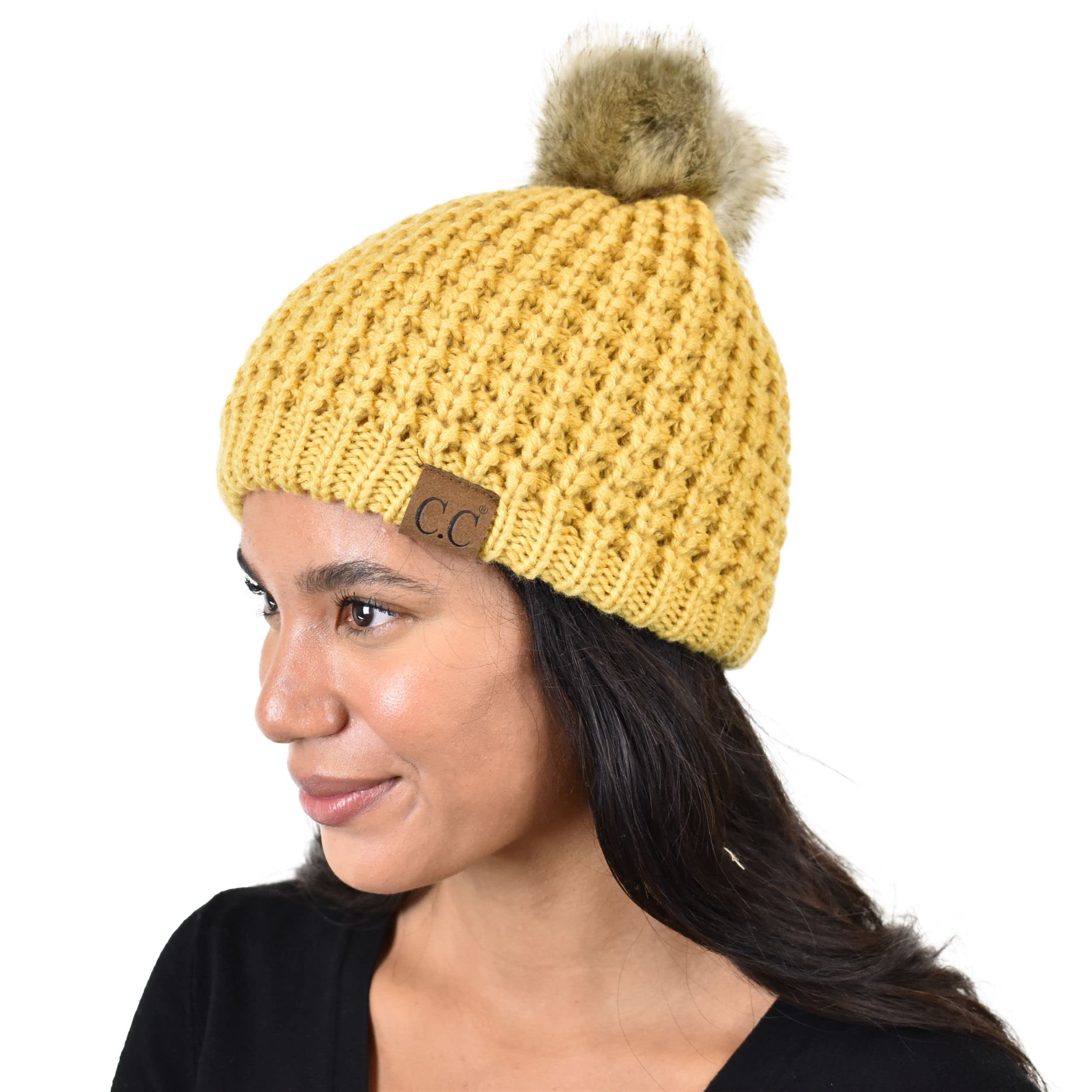 C.C Thick Waffle Knit Fleece Lined Faux Fur Pom Beanie Hat for Women - Winter Warm Fuzzy Knit Hat for Cold Weather, Outdoor Activities & Fashion Accessories