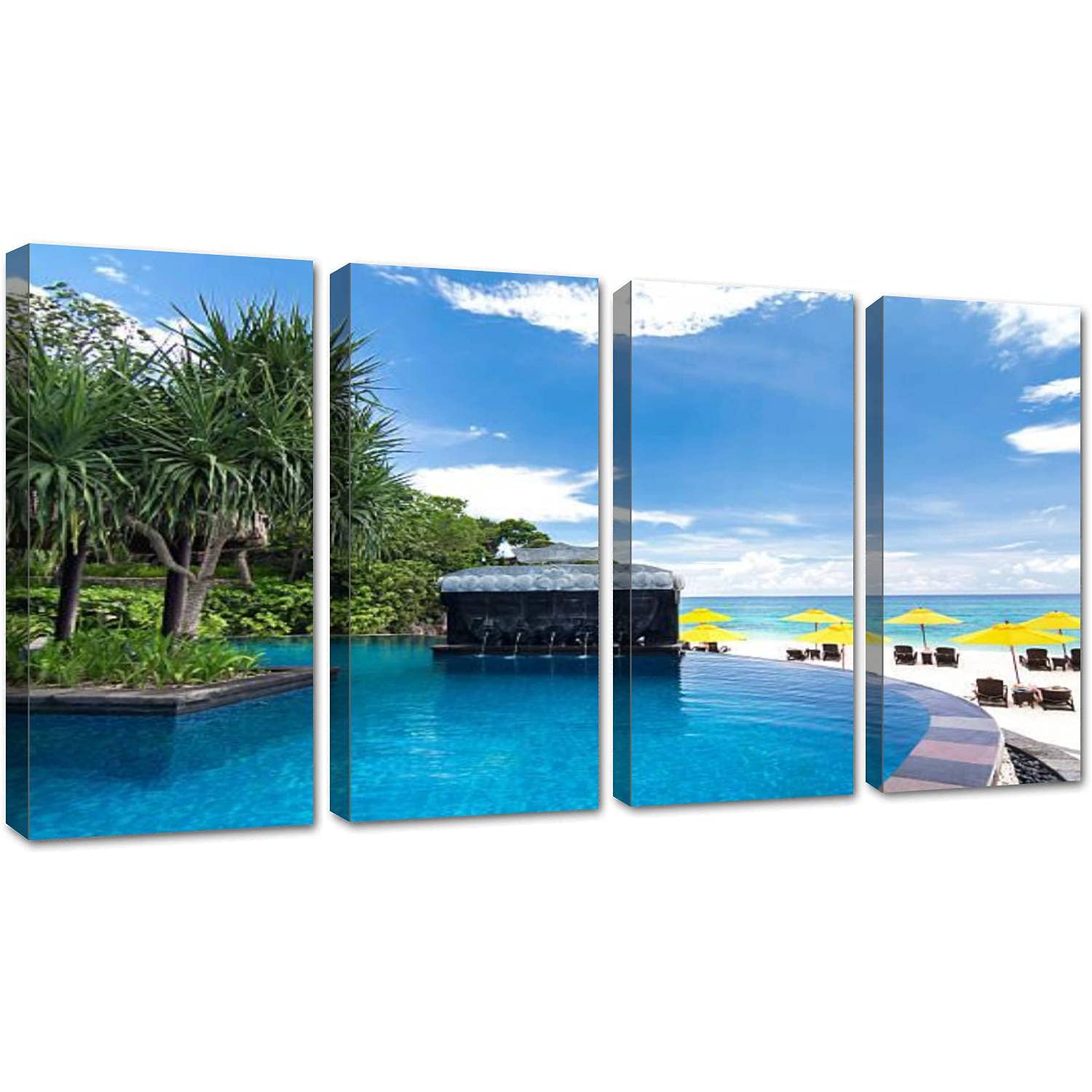 4 Piece Canvas Wall Art - Swimming Pool in Resort Framed Paintings, Modern Home Decor for Living Room & Bedroom, Ready to Hang 12x24 Inches - Perfect for Beach House, Vacation Home & Spa Decor