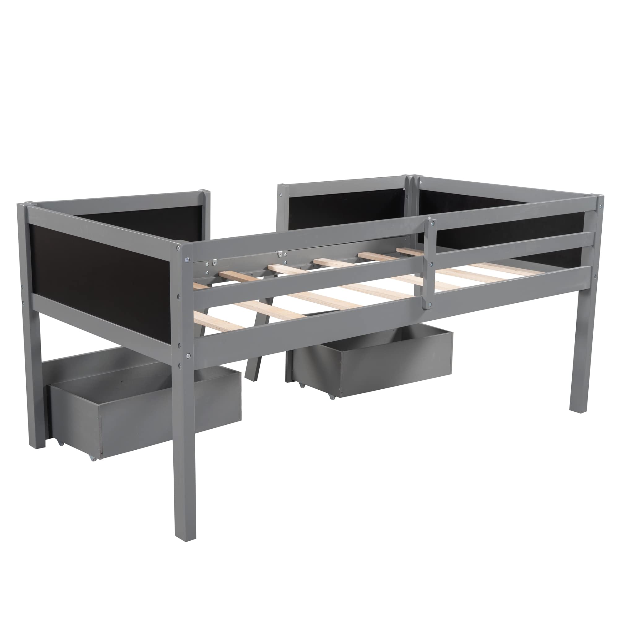 Wooden Twin Loft Bed for Kids with 2 Movable Drawers, Ladder & Chalkboard Guardrail - Space-Saving Gray Bedroom Furniture for Boys & Girls | Perfect for Small Rooms, Dormitories & Kids' Shared Bedrooms
