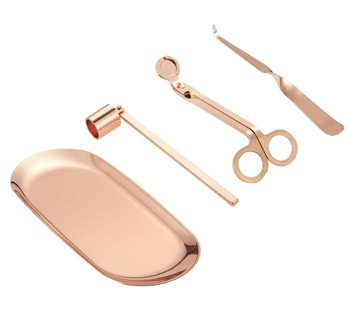Buywoow 4-in-1 Rose Gold Candle Accessory Set - Wick Trimmer, Dipper, Snuffer & Storage Tray for Home Decor, Gifts & Aromatherapy Relaxation