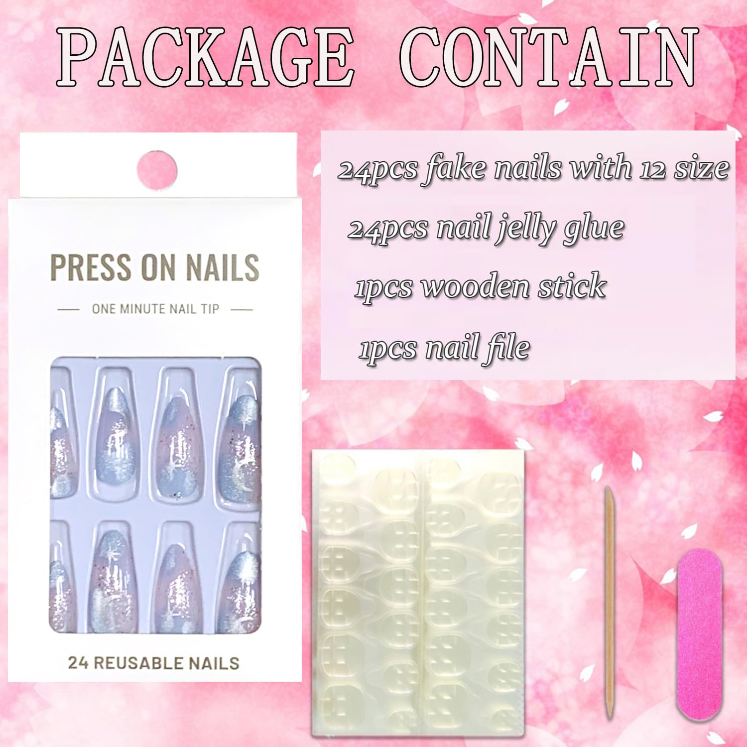 24Pcs Glossy Almond Press-On Nails - Full Cover Acrylic Fake Nails with Elegant Designs, Medium Length Reusable False Nails for Women & Girls (W1578) - Perfect for Parties, Weddings, Date Nights & Everyday Glam