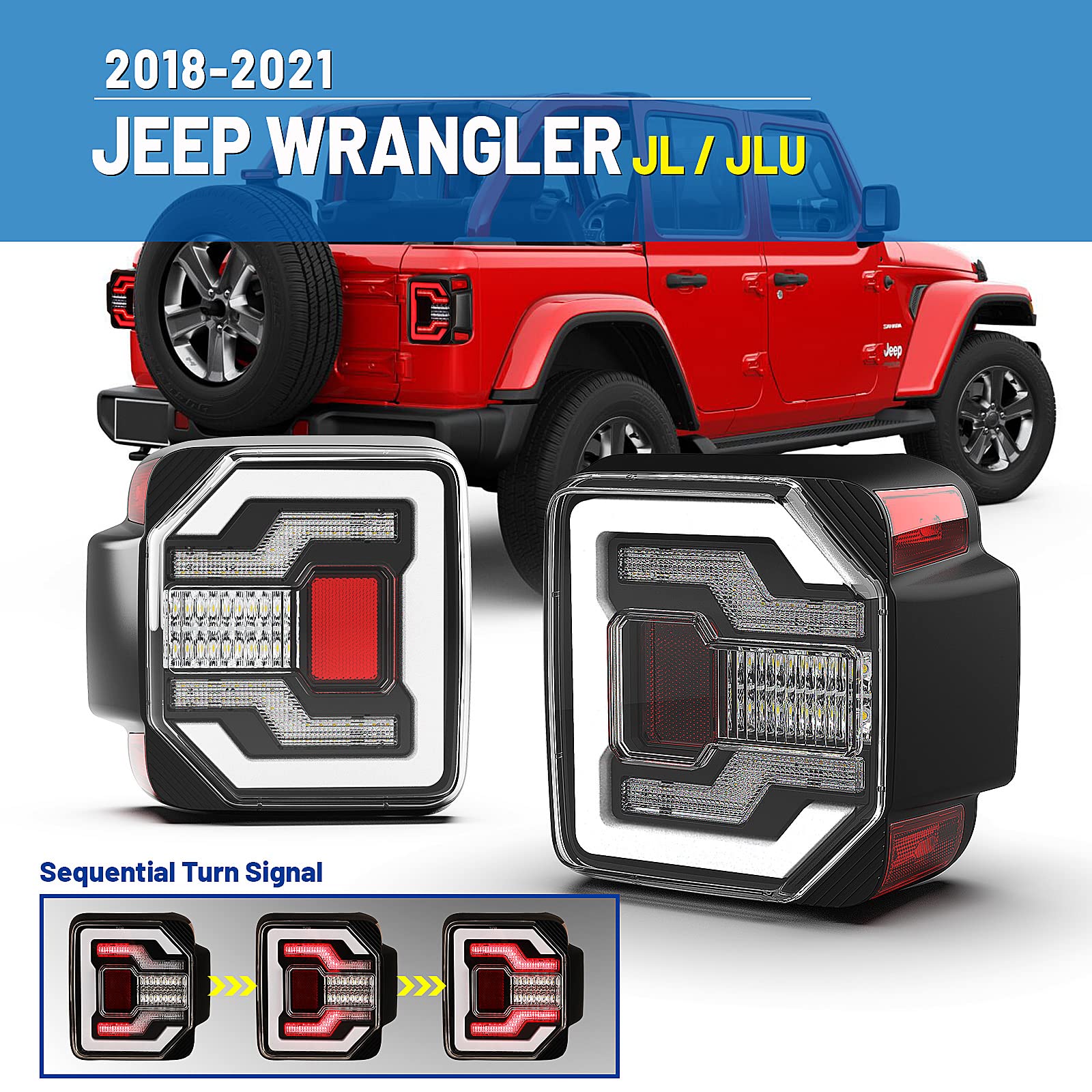 AUTOWIKI LED Tail Lights for 2018-2025 Jeep Wrangler JL & 2021-2025 Wrangler 4XE Plug-in - Black Housing with Clear Lens - Direct Replacement Pair (Left & Right) - Perfect for Off-Roading, Night Driving & Vehicle Customization