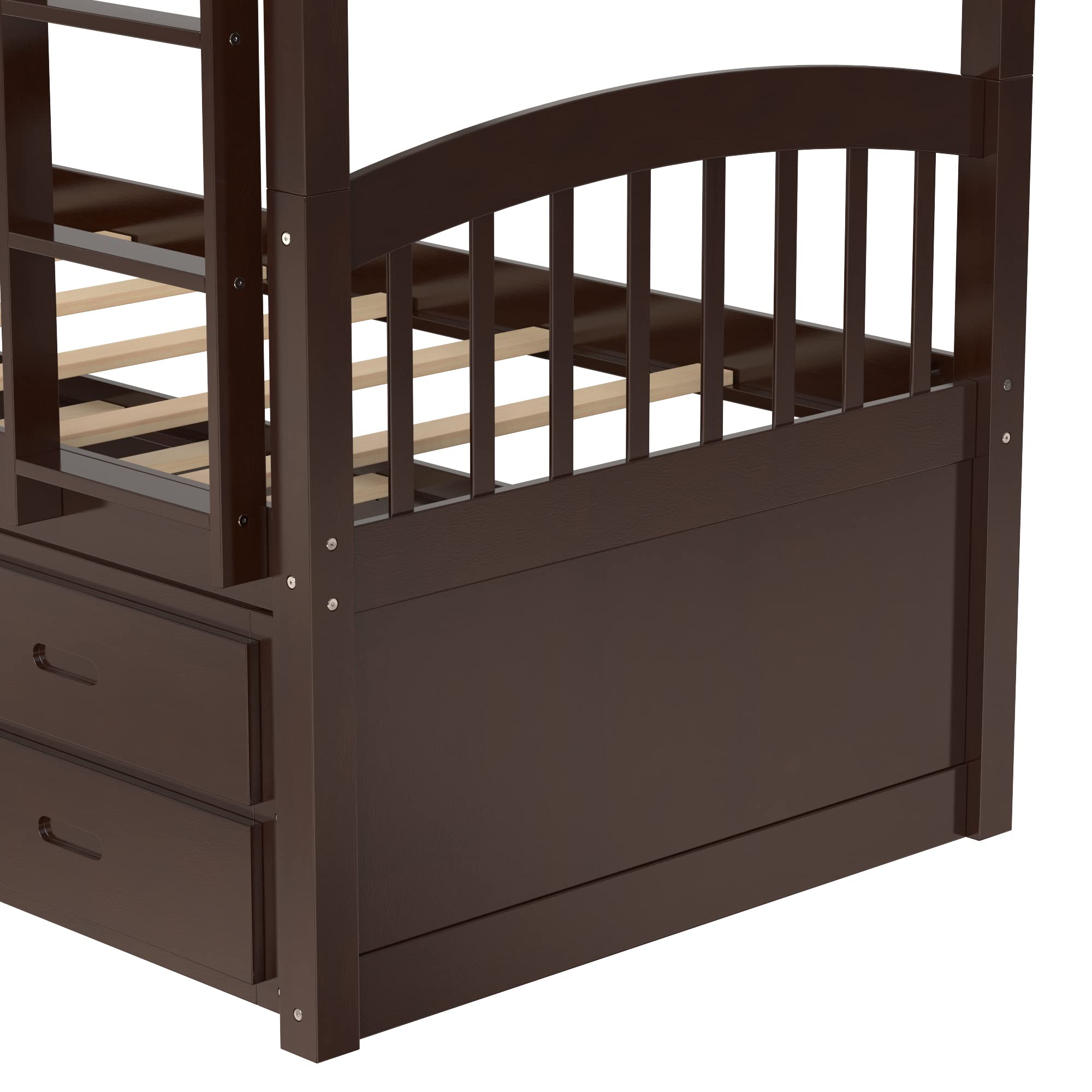 Harper & Bright Designs Solid Wood Twin Over Twin Bunk Bed with Trundle - 3 Storage Drawers, Safety Rail, Convertible to 2 Beds - No Box Spring Needed (Espresso) - Perfect for Kids' Bedroom, Guest Room & Space-Saving Solutions
