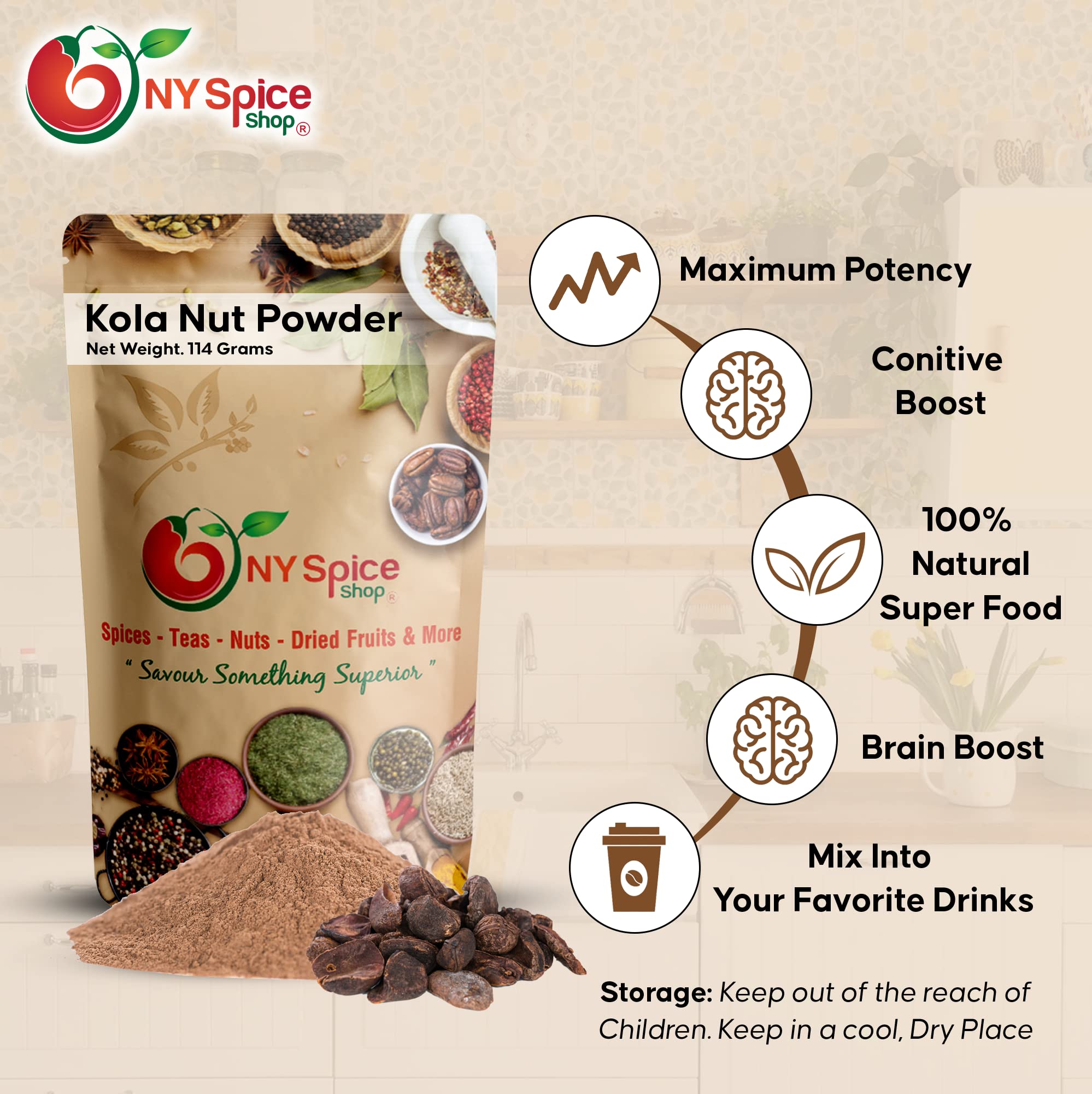 NY Spice Shop Premium Kola Nut Powder - 4oz Pure Jamaican Bissy Powder, Natural African Superfood, Raw Energy Booster | More Effective Than Coffee & Tea | Perfect for Smoothies, Protein Shakes & Herbal Teas | Organic Caffeine Alternative for Workouts & Focus