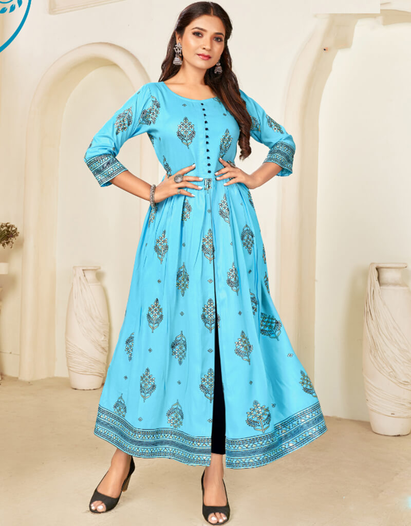 Blizzard Blue Pure 14 Kg Rayon Pant Anarkali Dress - Elegant Indian Ethnic Wear for Women, Perfect for Weddings, Parties & Festive Occasions