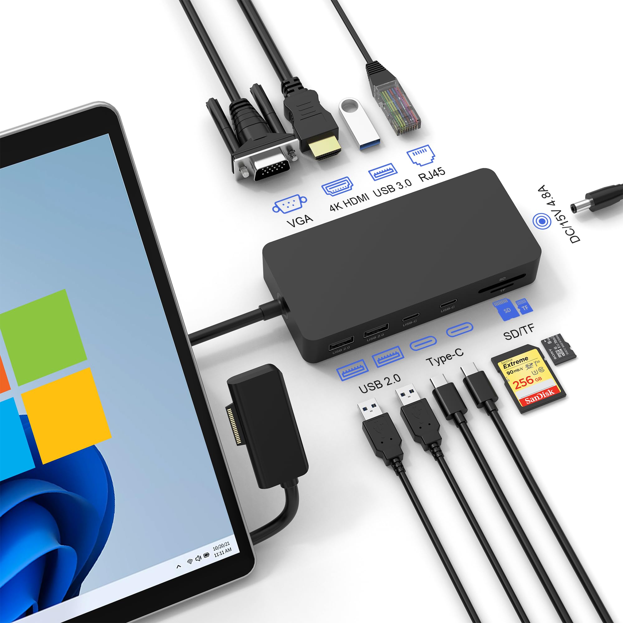 11-in-1 Surface Pro Docking Station with Triple Display (HDMI/VGA) & Ethernet - Compatible with Microsoft Surface Pro 10/9/8/X/7/6/5/4/3, Surface Laptop 5/4/3/2/1, Laptop Go 3/2/1 & Book 3/2/1 - Perfect for Home Office, Gaming & Multi-Monitor Workstations
