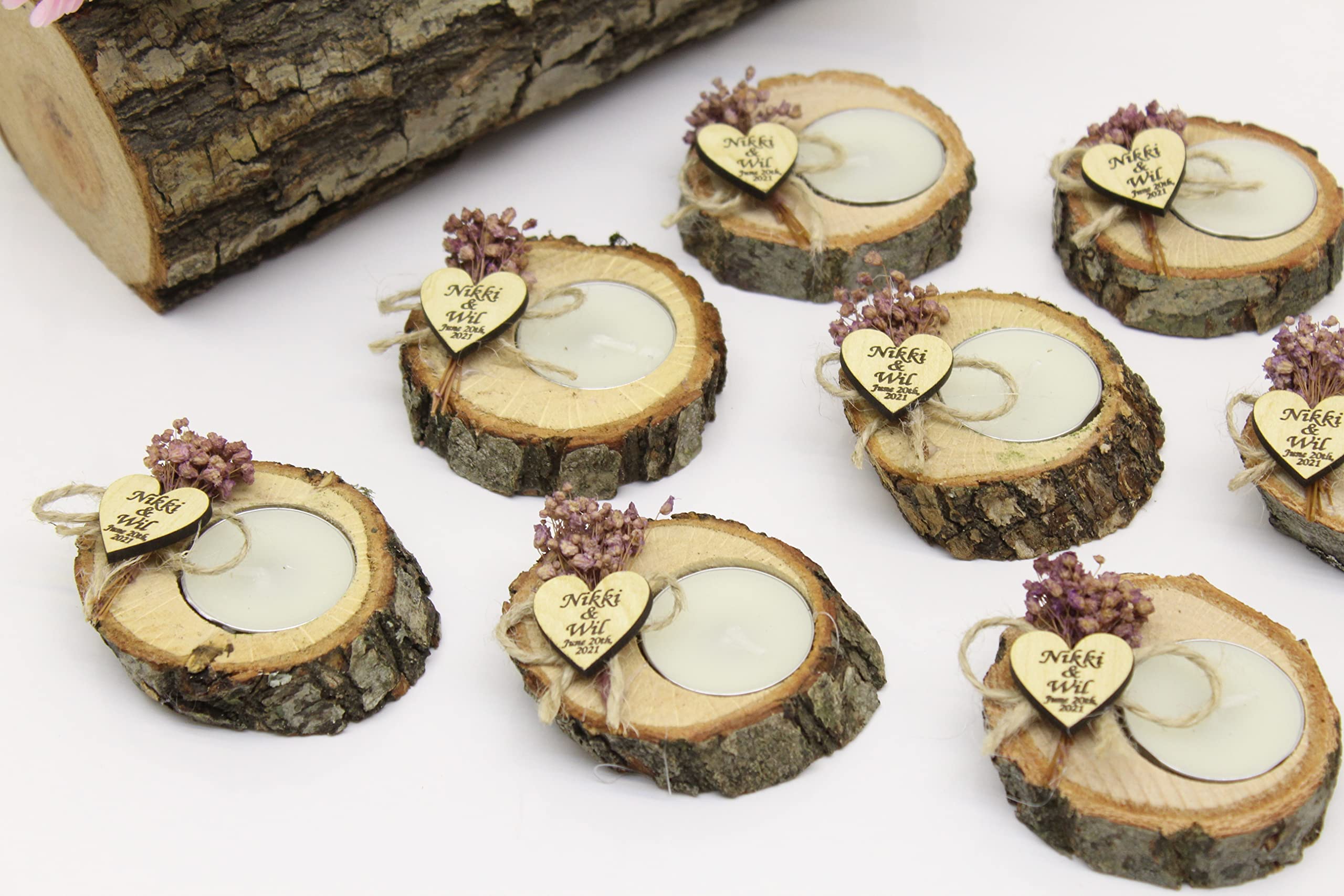 50 Pcs Personalized Wooden Log Candle Holders - Wedding Favors for Guests, Memorial Candles, Tealight Holders - Rustic Home Decor for Weddings, Bridal Showers, Sympathy Gifts & Memorial Services