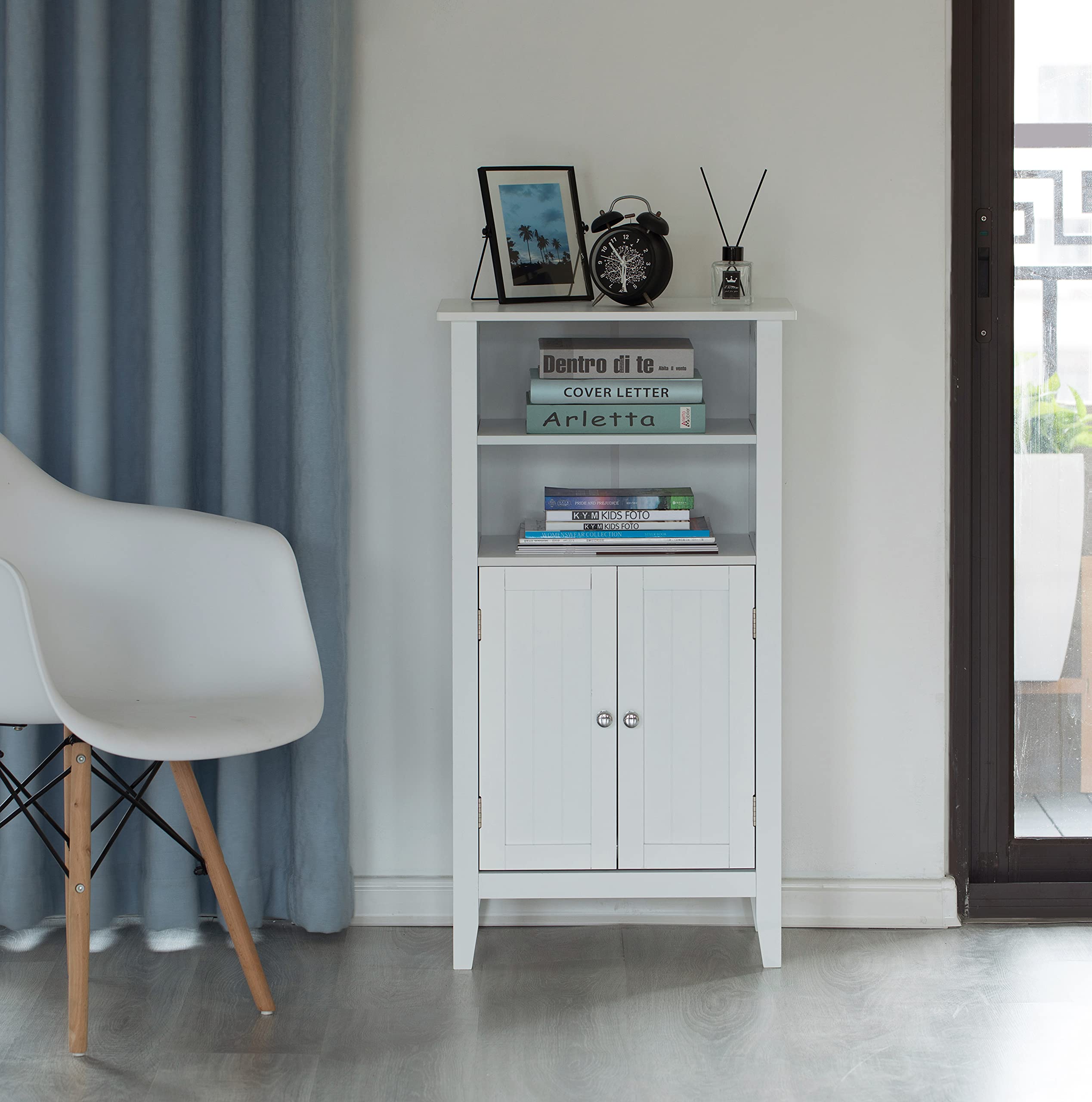 Basicwise White Storage Cabinet with Doors and 2 Open Shelves - Organizer for Bedroom, Bathroom & Vanity - Perfect for Closet Organization, Bath Essentials & Makeup Storage