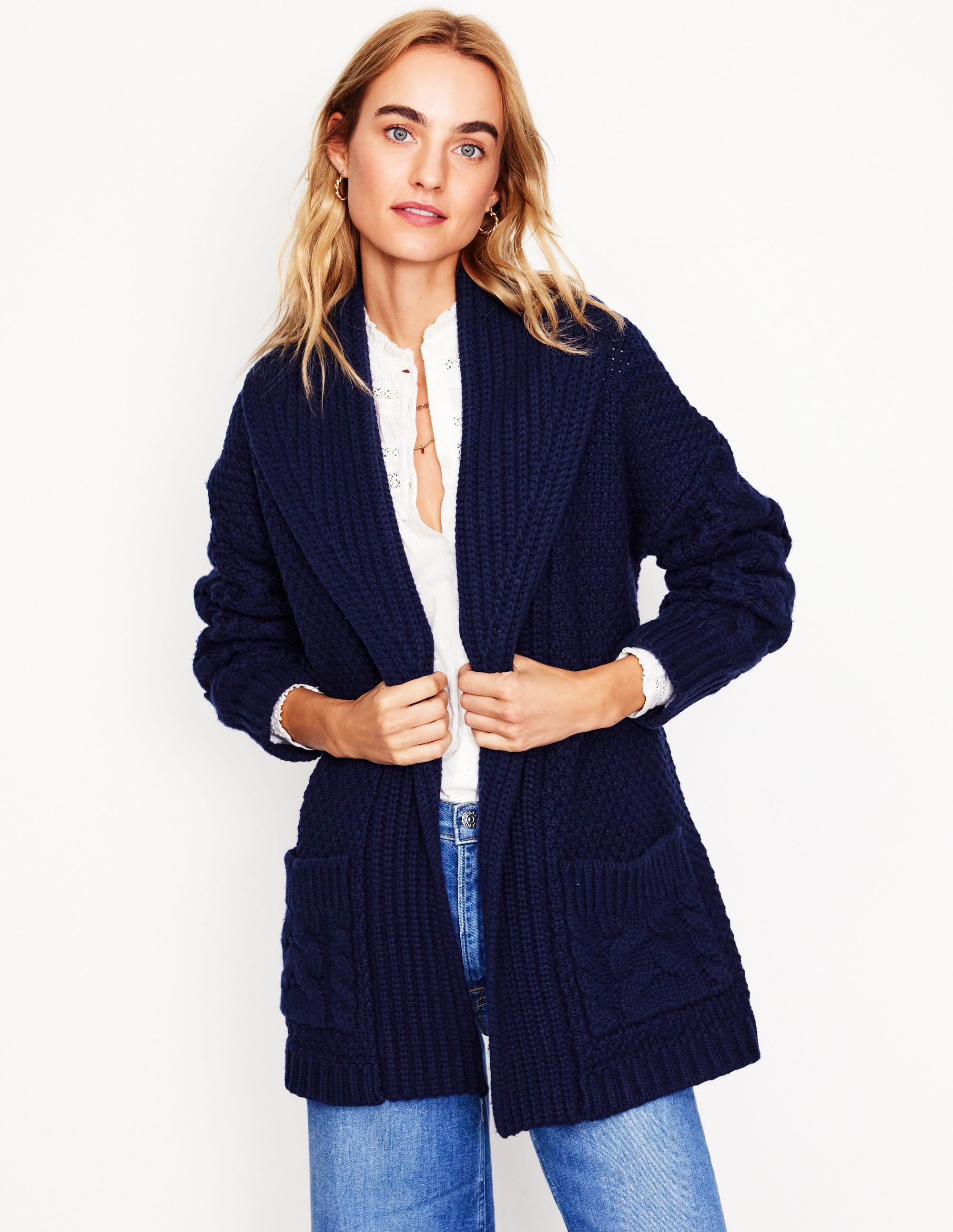 Stylish Navy Cable Belted Cardigan for Women - Perfect for Fall & Winter Layering, Office Wear & Casual Outfits