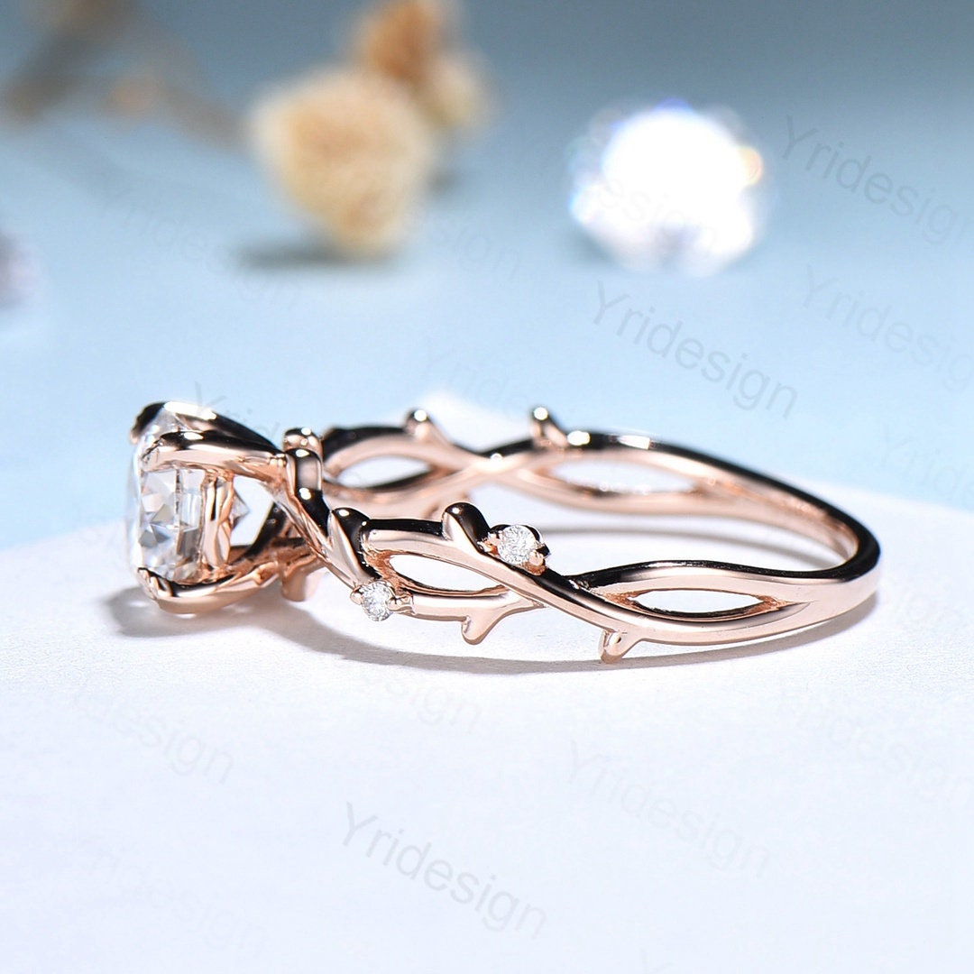 1CT Round Gray Moissanite Vintage Engagement Ring - Sterling Silver Leaf Cluster Design with Rose Gold Accents for Women | Perfect for Wedding, Proposal & Anniversary Gifts