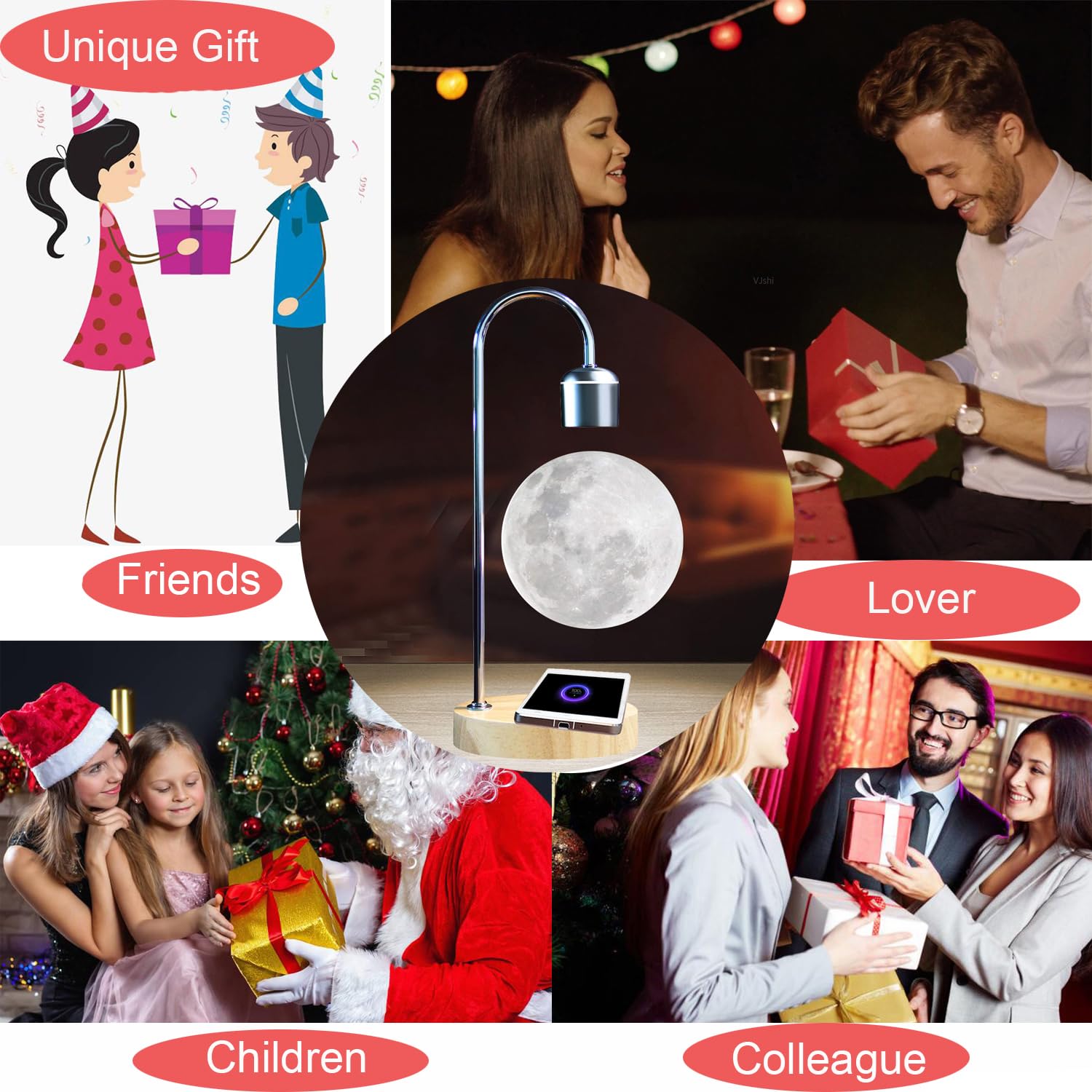 Levitating Moon Lamp with Wireless Charger - Floating LED Night Light for Apple & Android - Magnetic Levitation 3D Desk Lamp for Home Office Decor, Unique Christmas Gift - Perfect for Bedroom, Nursery & Romantic Ambiance