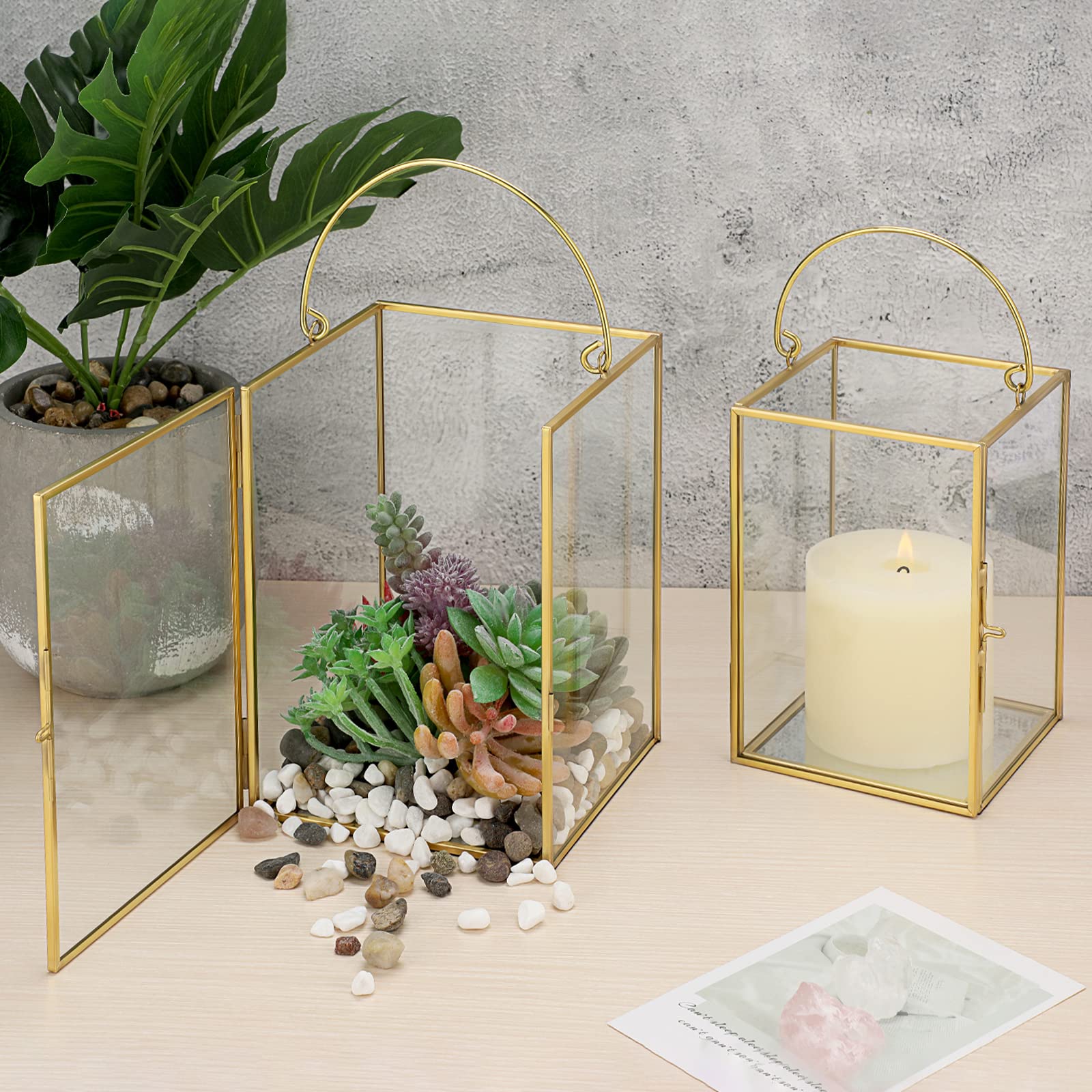 Set of 2 Gold Geometric Glass Hurricane Candle Holders with Metal Handles - Decorative Pillar Candle Stands for Wedding Centerpieces, Table Decor, Home & Garden Lighting, Romantic Dinner Ambience