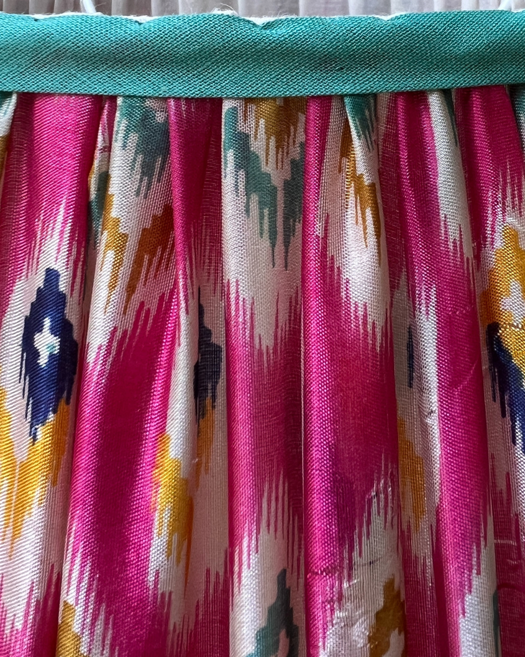 41cm Pink, Blue, Gold & Green Silk Sari Lampshade - Elegant Home Decor for Living Room, Bedroom & Boho Style Interior Design