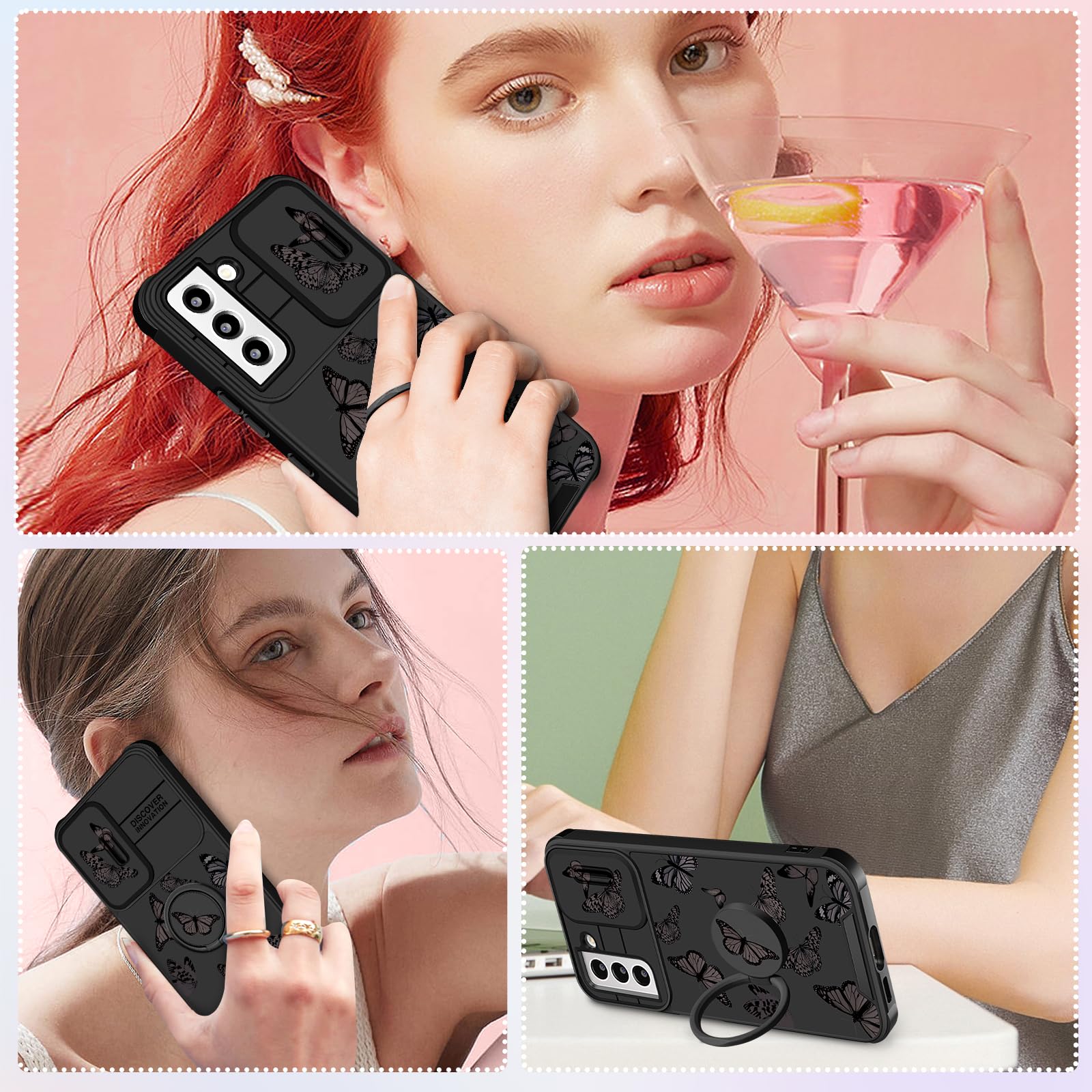 2 in 1 Cute Butterfly Design Samsung Galaxy S22 Case for Women - Aesthetic Black Phone Cover with Camera Protector & Ring Stand | Perfect for Work, Travel and Everyday Use