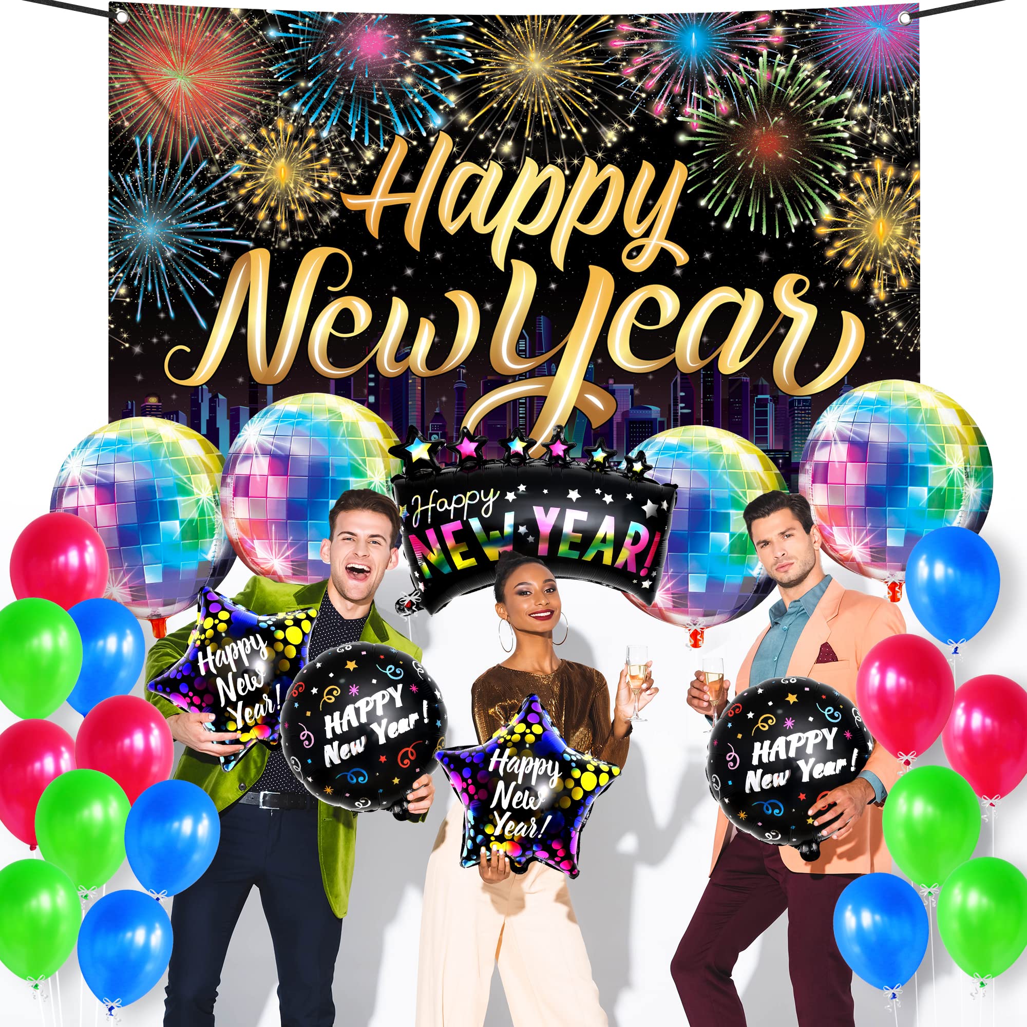 2025 New Year's Eve Party Supplies - Pack of 25 Colorful 4D Disco Ball Balloons, Banners & Decorations | Happy New Year 2025 Balloon Kit for Countdown Parties, Home Decor & NYE Celebrations