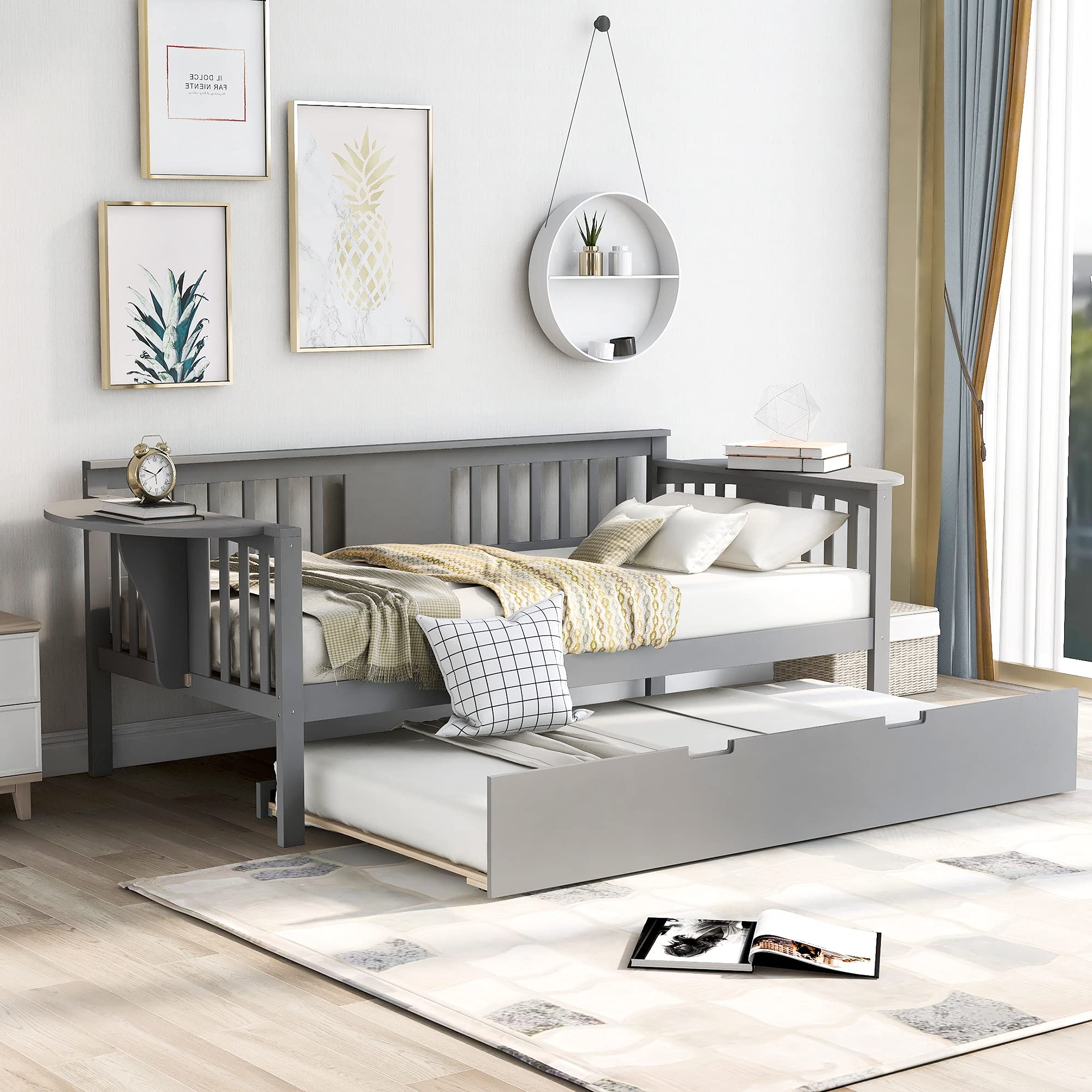 Twin Size Daybed with Trundle - Solid Wood Twin Bed Frame with Built-in End Table & Pull-Out Trundle Sofa Bed - No Box Spring Needed, Wood Slat Support - Perfect for Small Spaces, Guest Rooms, Dorm Rooms & Living Rooms