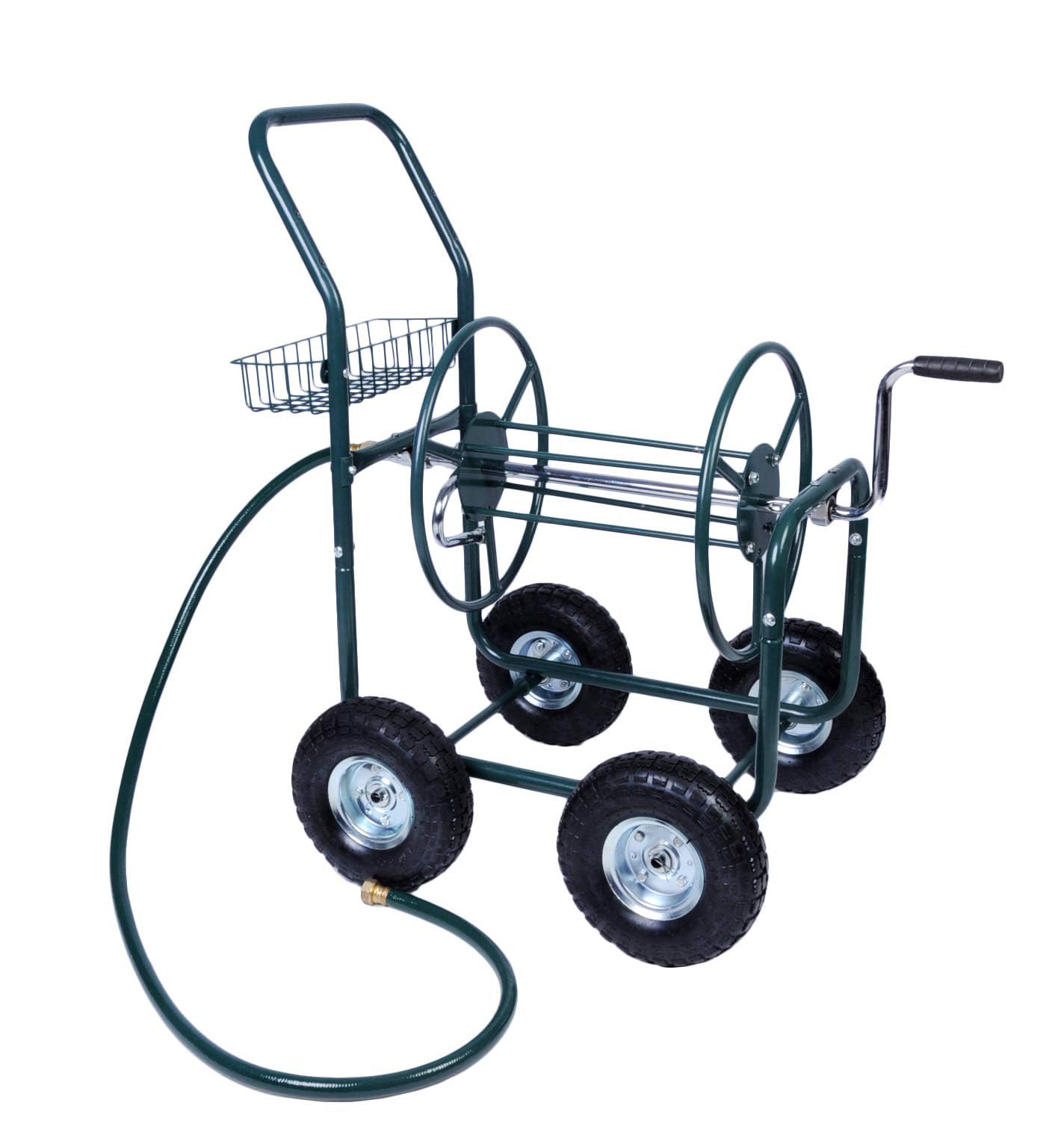 Heavy Duty 4 Wheel Garden Hose Reel Cart with Storage Basket - 390FT Capacity for Yard Watering, Planting & Outdoor Use - Perfect for Lawn Care, Gardening and Backyard Maintenance