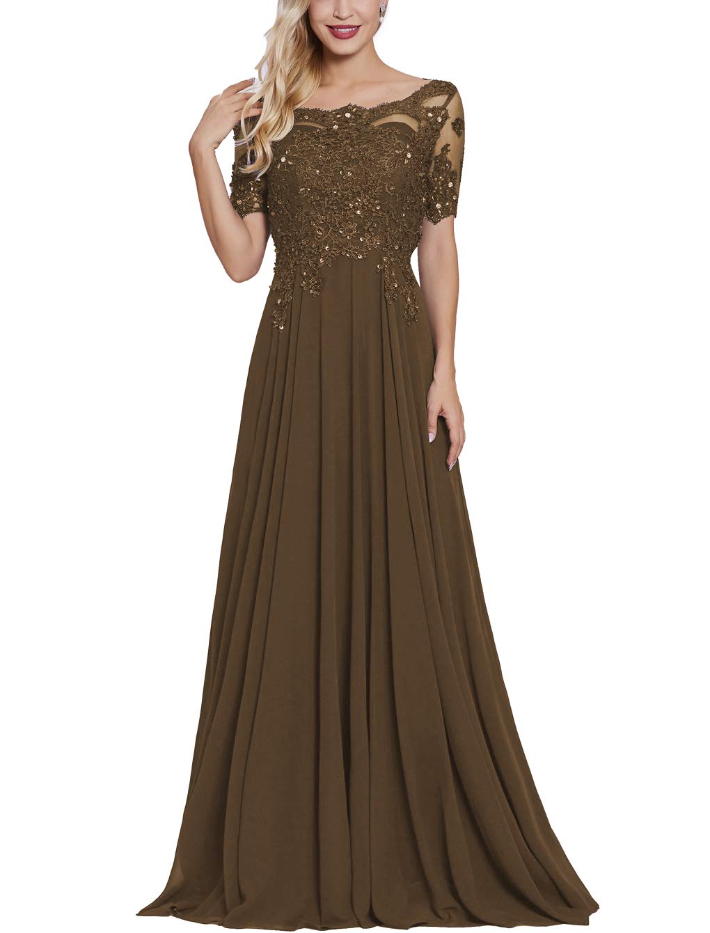 Elegant Beaded Chiffon Mother of the Bride Dress with Lace Sleeves & Bateau Neck - Long Formal Evening Gown for Weddings, Galas & Special Occasions