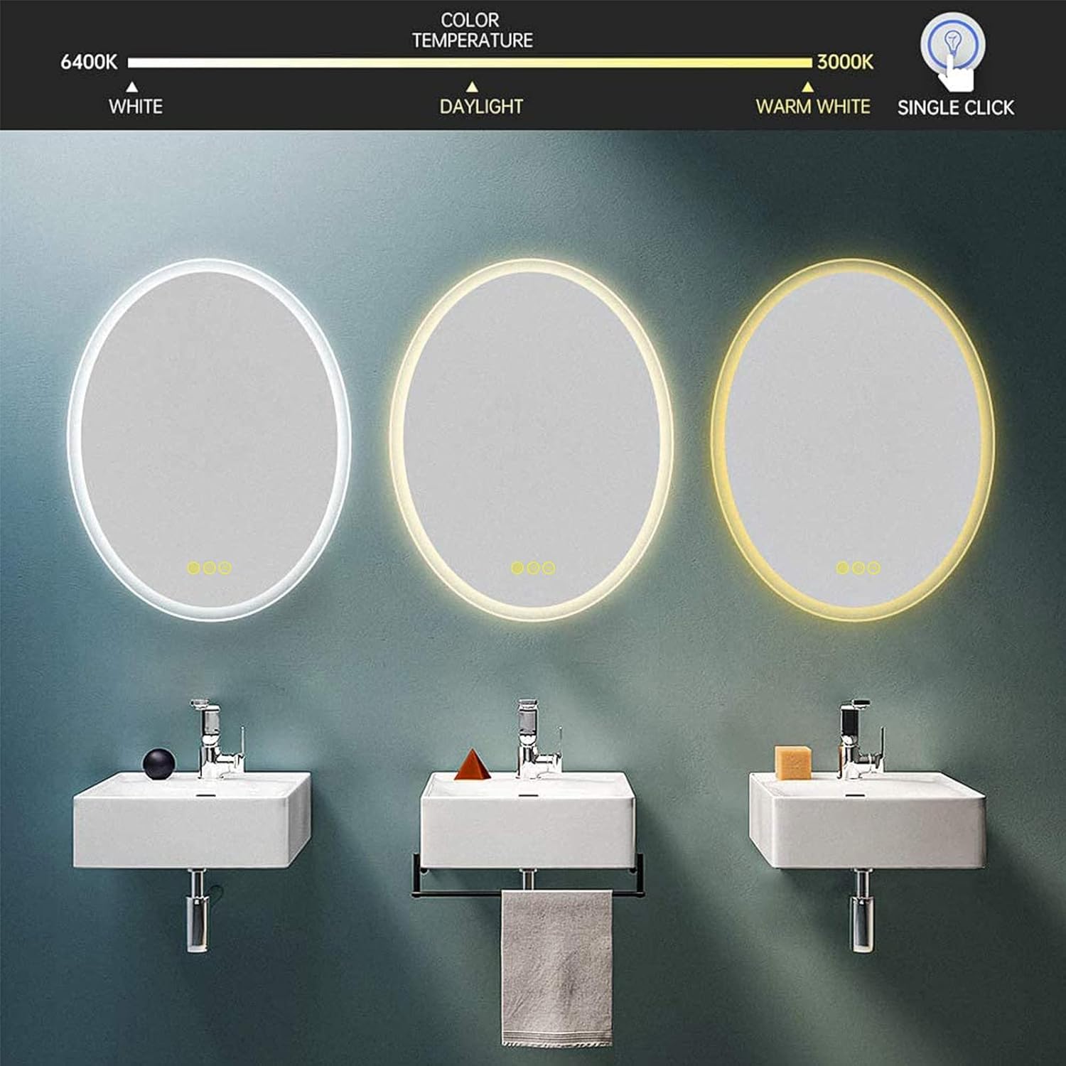 24x32 Inch Oval LED Vanity Mirror with Anti-Fog & Touch Switch - Dimmable 3-Color Lighting for Bathroom, Bedroom, Makeup & Dressing Room - Wall Mounted Bathroom Mirror with Lights