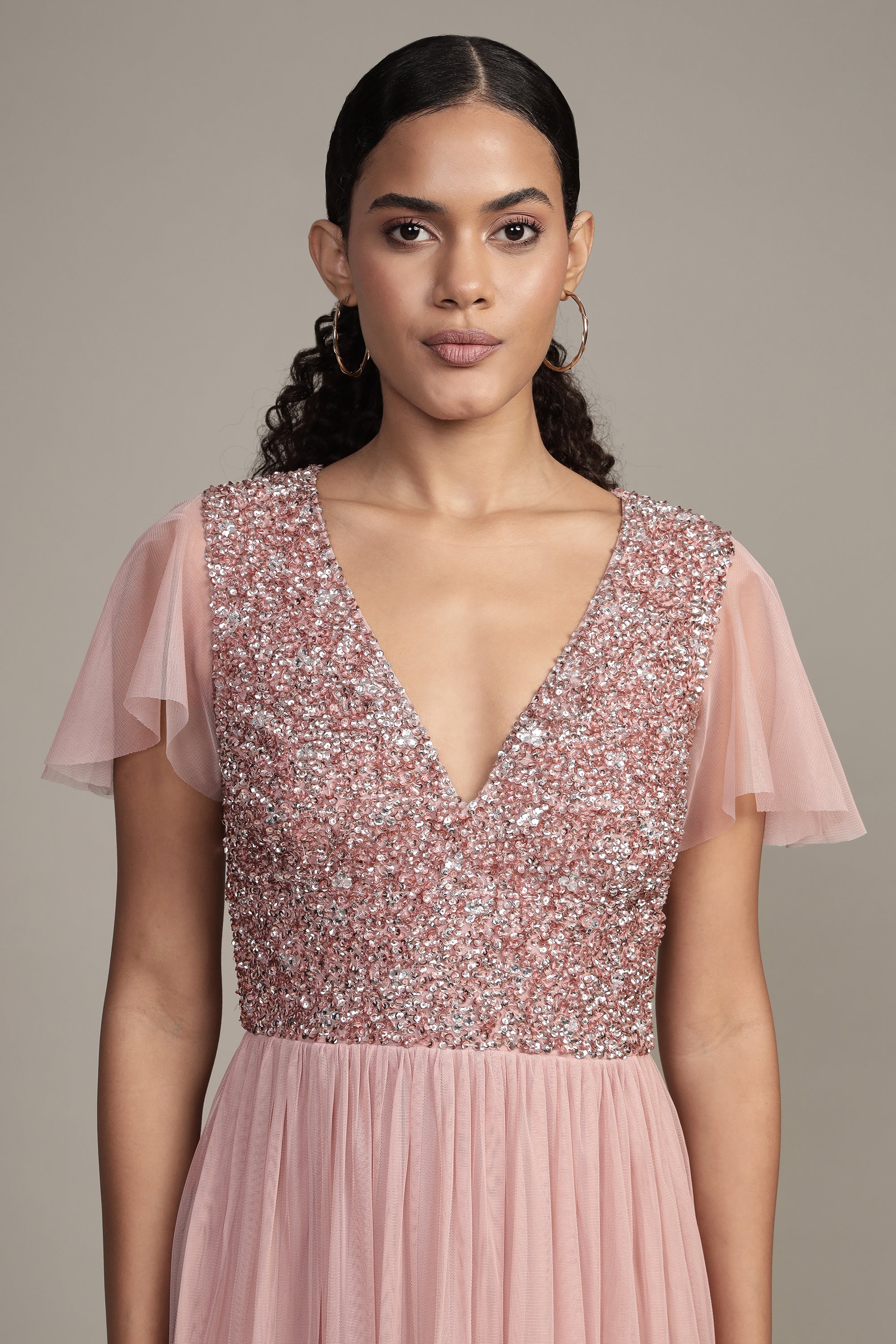 Maddie Embellished Midi Dress in Dusty Pink - Elegant Floral Lace Party Dress for Weddings, Cocktails & Special Occasions
