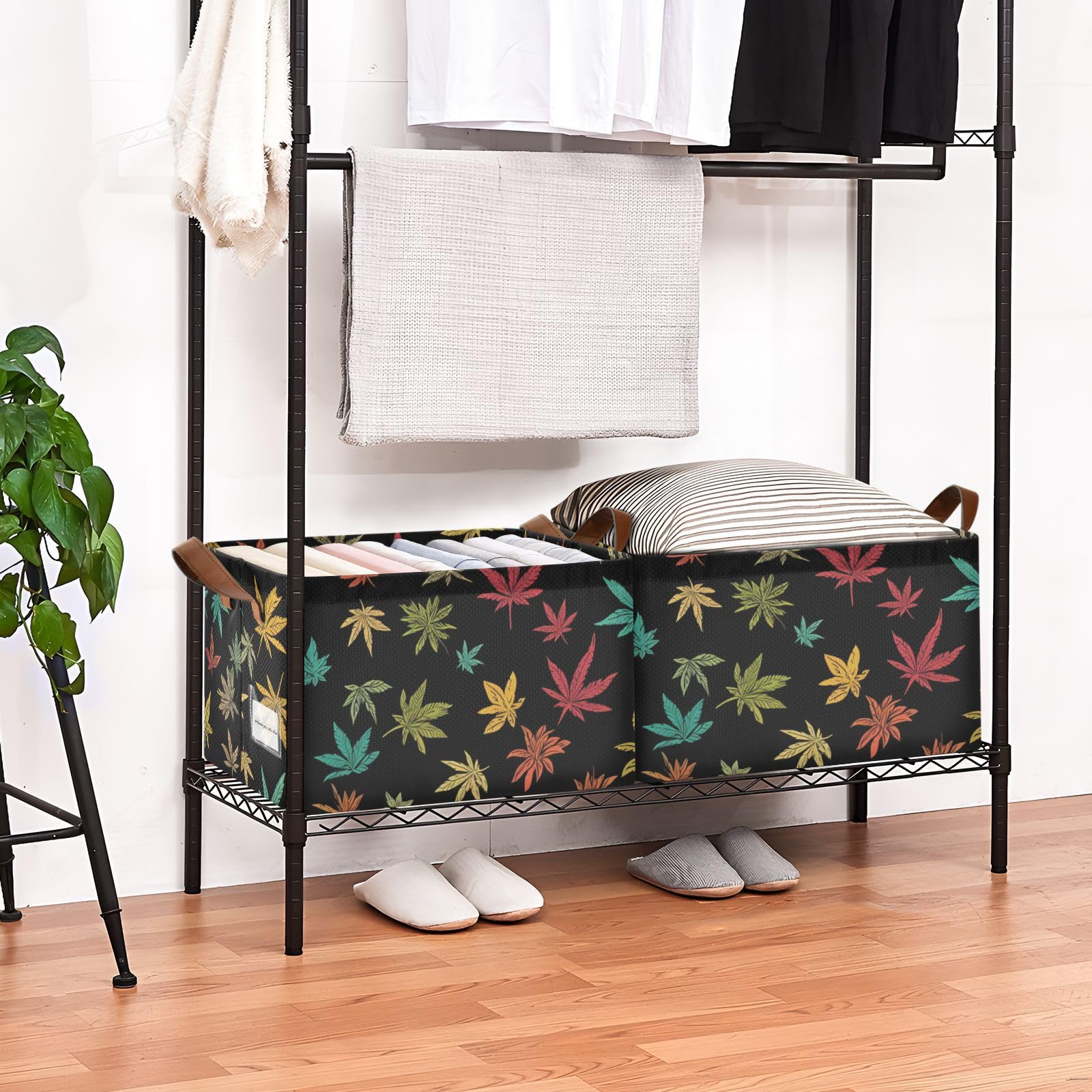 Colorful Maple Leaf Pattern Fabric Storage Baskets with Handles - 2 Pack Organizer Bins for Closet, Shelves, Drawers, Desktop | Perfect for Playroom, Classroom, Office & Home Organization