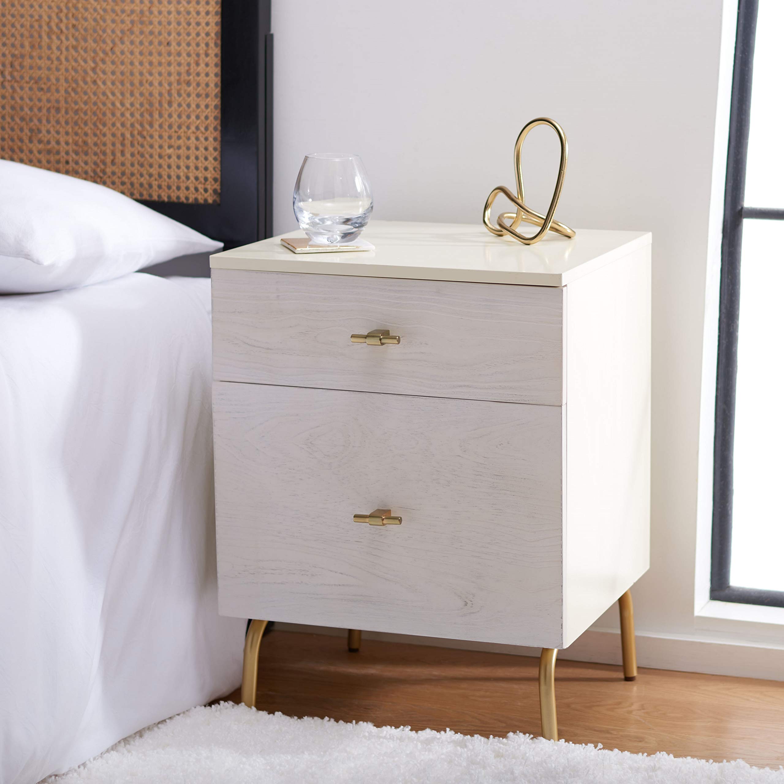SAFAVIEH Genevieve 2-Drawer Nightstand - Cream & White Washed Wood Bedside Table for Bedroom, Living Room & Office - Compact Storage Furniture with Smooth Gliding Drawers