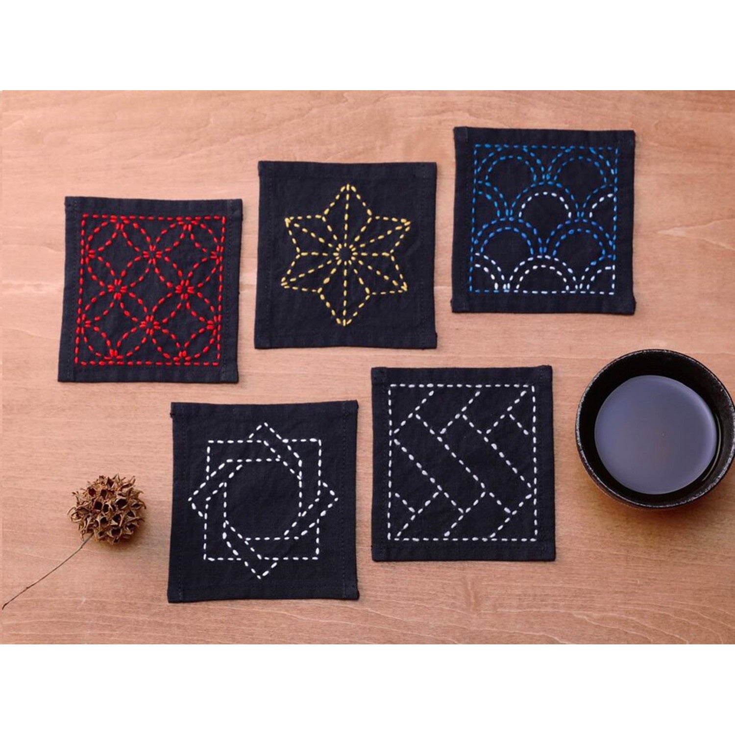 Japanese Sashiko Embroidery Coaster Set - 4-Piece Handmade Cotton Drink Coasters for Tea & Coffee - Traditional Home Decor & Table Setting Accessories for Dining Room, Kitchen, and Office Use
