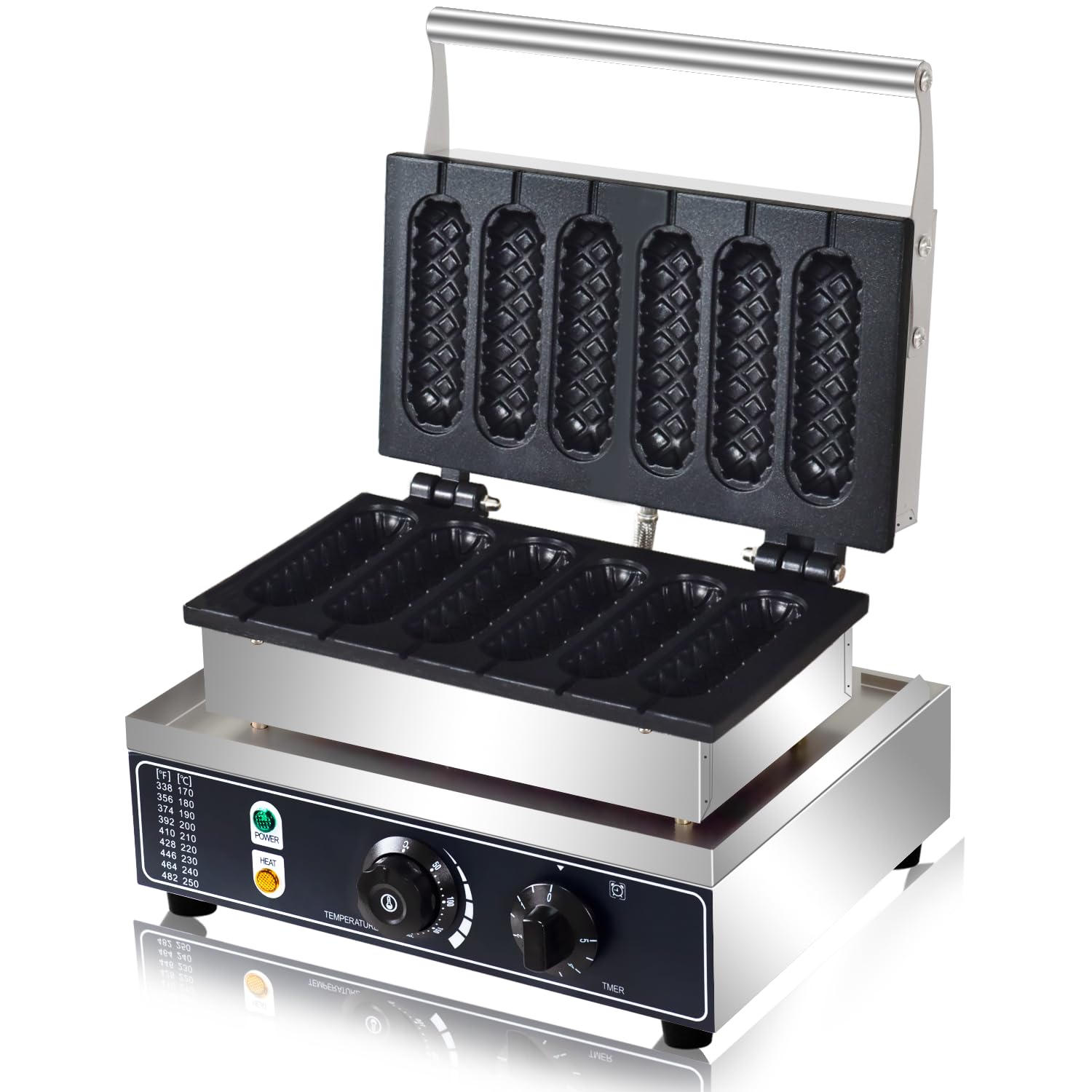 Commercial Corn Dog Waffle Maker 1600W - 6 Slice Non-Stick Stainless Steel Waffle Iron with Temperature & Time Control - Perfect for Restaurants, Bakeries, Snack Bars & Home Use - Make Delicious Corn Dog Waffles with Lolly Sticks for Parties, Events & Quick Snacks