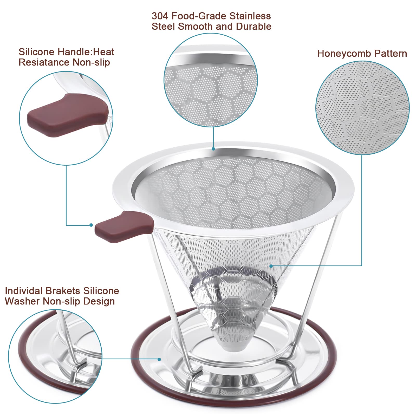 MISETTO Stainless Steel Pour Over Coffee Dripper - Reusable Paperless Coffee Filter with Removable Cup, Easy to Clean Cone Coffee Maker for Home, Office & Camping Use