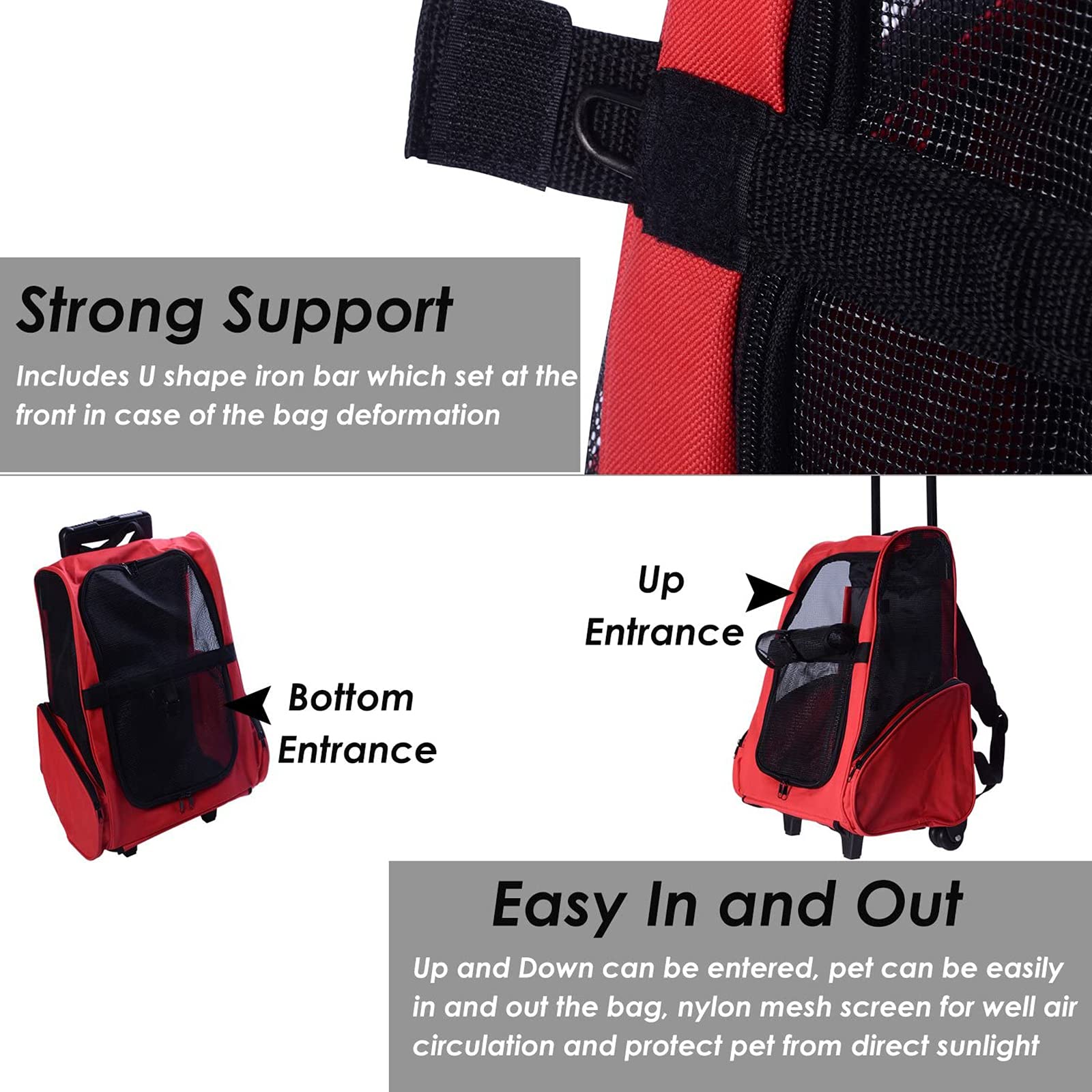 Portable Pet Travel Carrier Backpack with Wheels - Lightweight Soft-Sided Rolling Pet Stroller for Dogs & Cats - Perfect for Air Travel, Road Trips & Outdoor Adventures