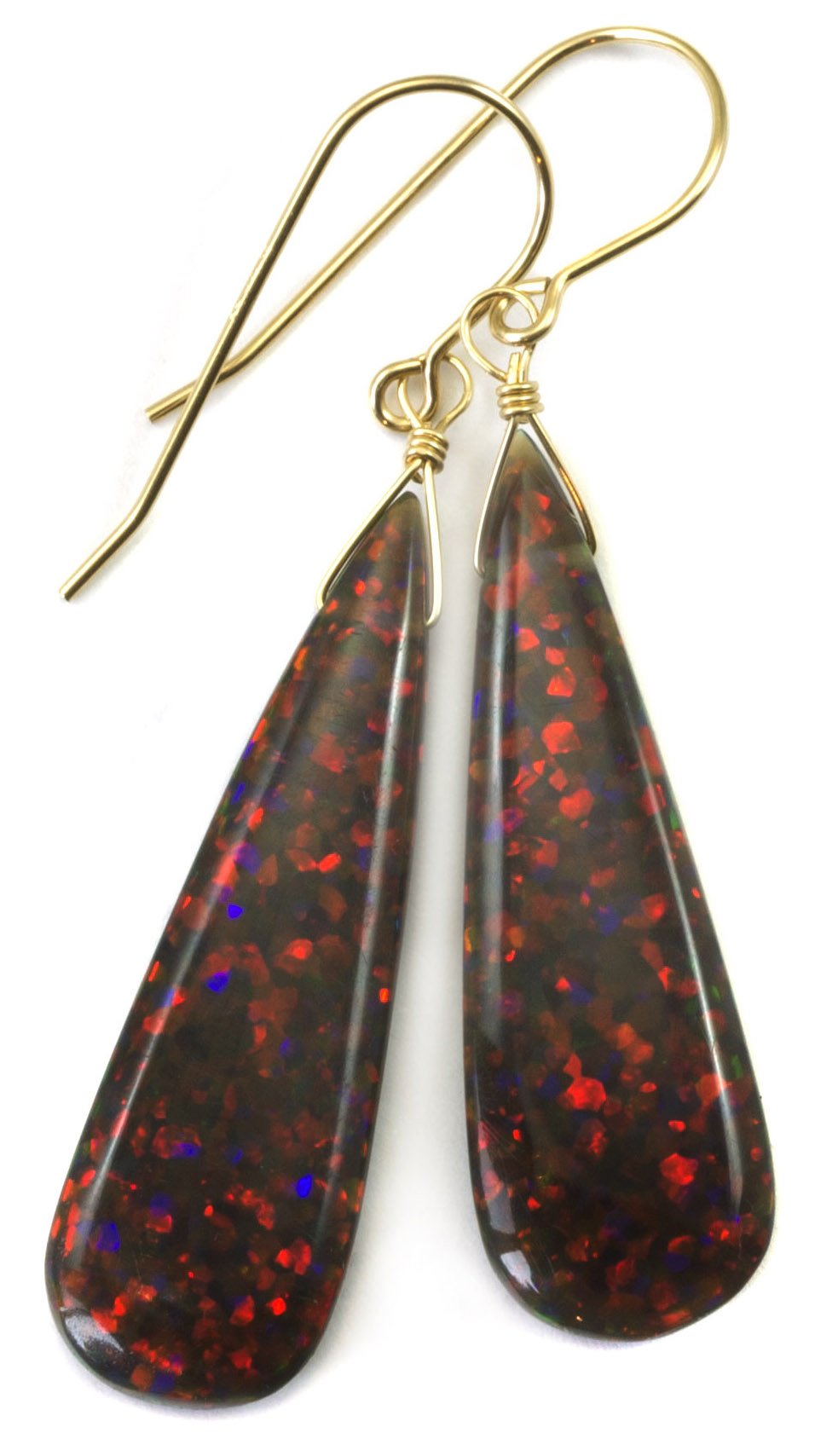 Opalite Simulated Fire Opal Earrings - Long Teardrop Dangle Earrings in Amber Red with Smooth Finish | Red, Green, Blue Color Options | Perfect for Boho, Vintage & Evening Wear