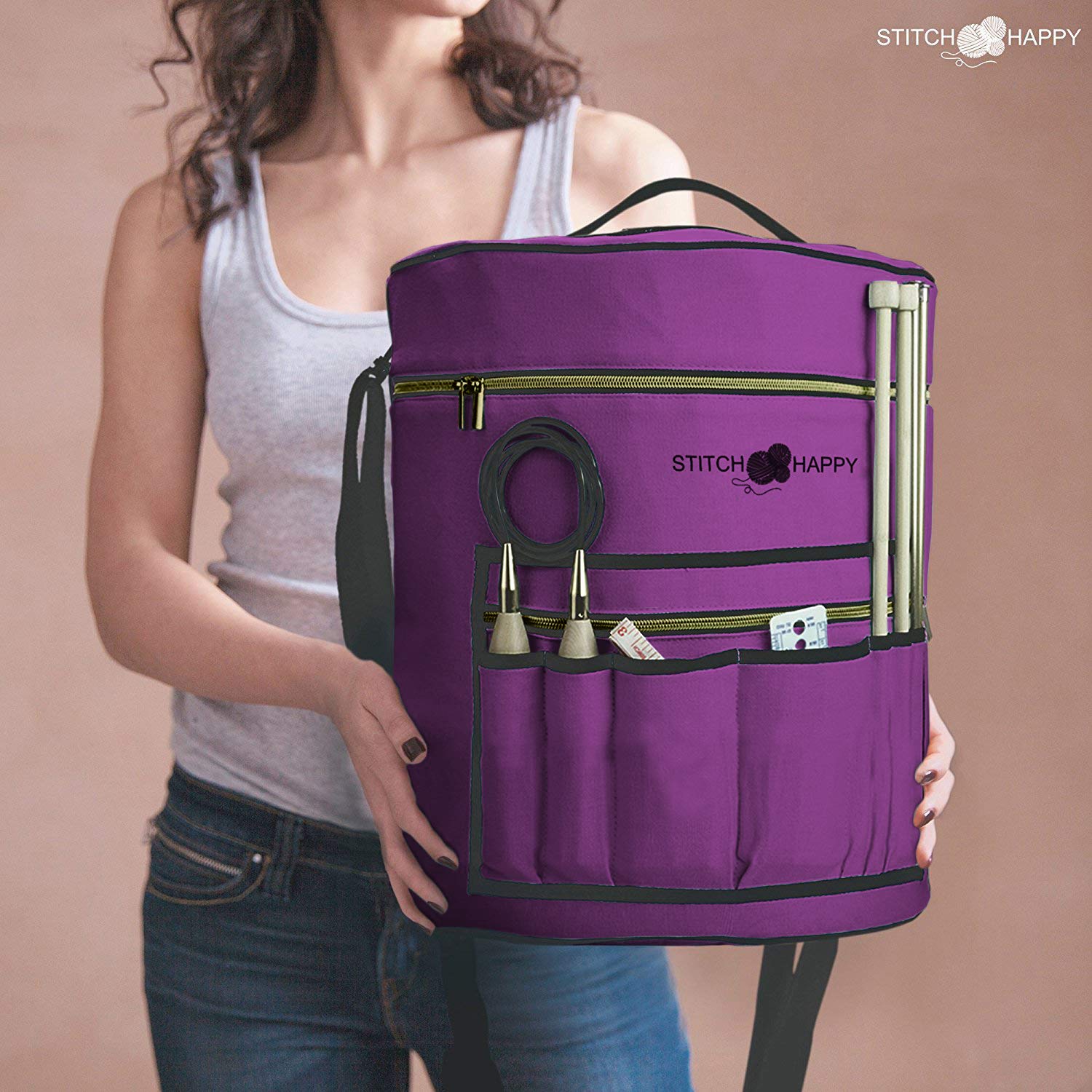 XL Knitting Bag (Lilac) - 7 Pocket Yarn Storage Organizer for Crochet & Knitting Projects | Perfect for Crafters, DIY Enthusiasts & On-the-Go Needlework