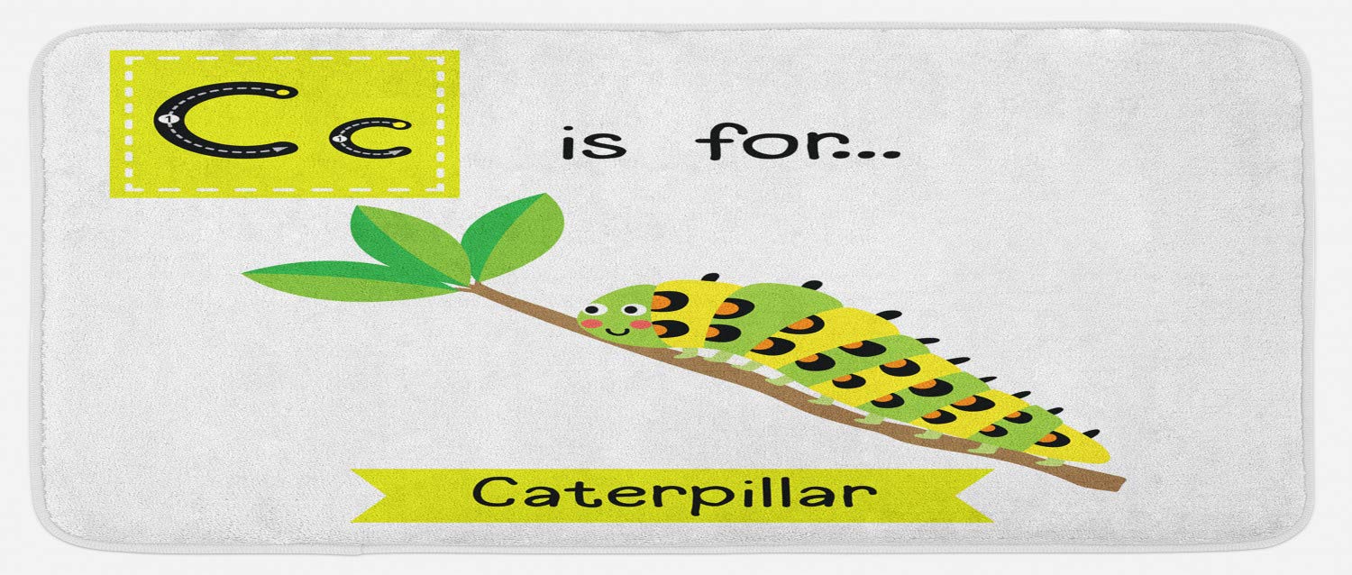 Ambesonne Non-Slip Kitchen Rug - Caterpillar Zoo Alphabet Design with Insect on Branch, Soft Plush Decorative Mat, 47x19 Inches, Green Apple - Perfect for Kitchen, Nursery, Playroom & Dorm Decor