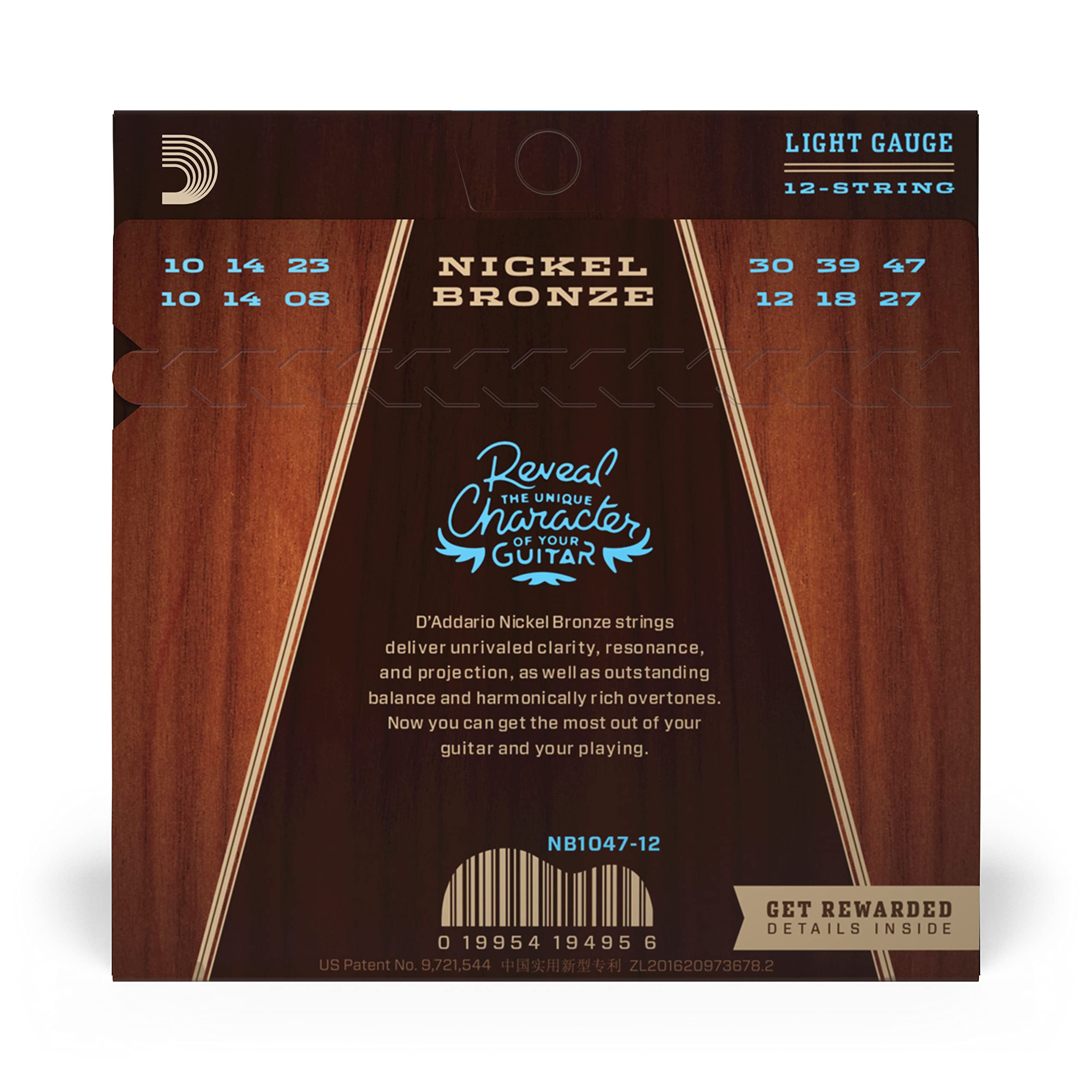 D'Addario NB1047-12 Nickel Bronze Acoustic Guitar Strings - Light Gauge 10-47, 12-String Set (Pack of 1) | Perfect for Studio Recording, Live Performances & Extended Play Sessions
